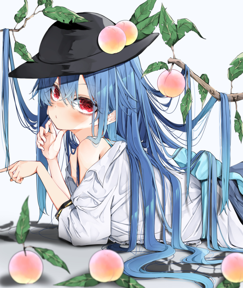 1girl absurdres back_bow blouse blue_bow blue_hair blue_skirt bow branch food fruit hat highres hinanawi_tenshi leaf long_hair lying off-shoulder_shirt off_shoulder on_stomach peach puffy_short_sleeves puffy_sleeves red_eyes shirt short_sleeves simple_background skirt solo touhou tsune_(tune) white_background white_shirt