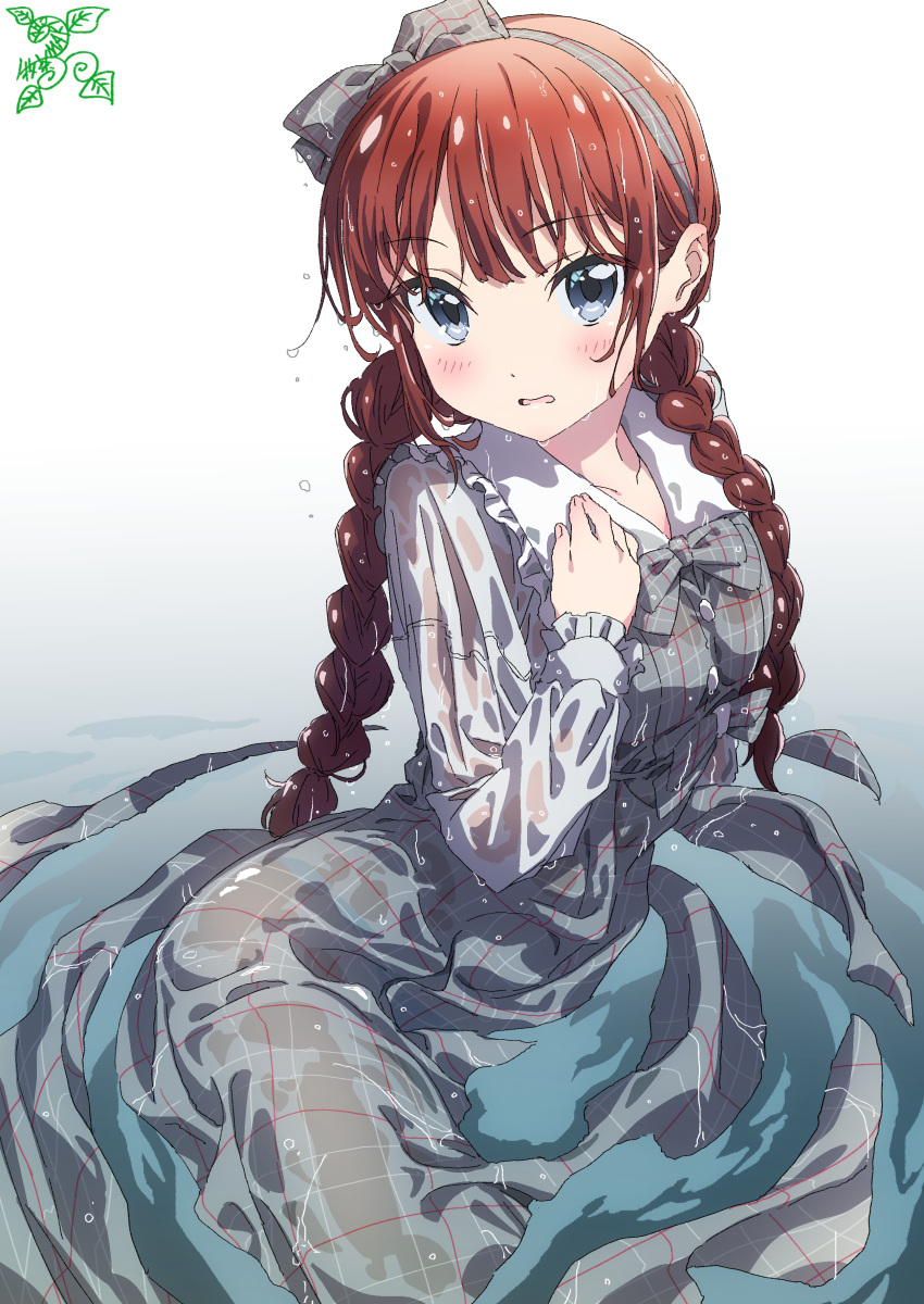 1girl absurdres bangs blue_eyes bow bow_hairband bowtie braid commentary_request dress frilled_shirt_collar frilled_sleeves frills grey_dress grey_hairband hairband highres long_dress long_hair long_sleeves looking_at_viewer low_twintails original partially_submerged pink_x plaid plaid_dress redhead see-through solo twin_braids twintails wet wet_clothes white_background