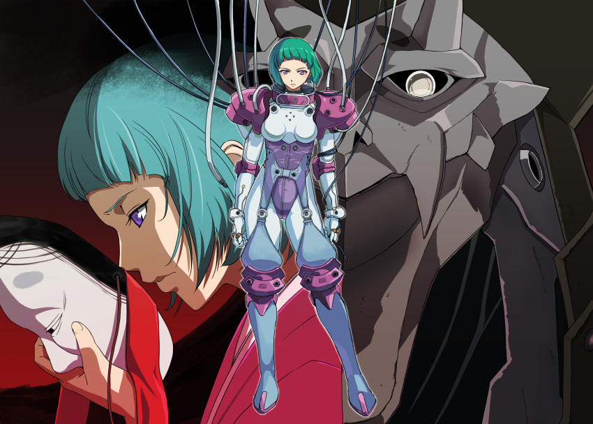 1girl absurdres blue_hair breasts exocet gasaraki highres holding holding_mask katsuten_(gasaraki) looking_at_viewer looking_down mask mecha medium_breasts miharu_(gasaraki) multiple_views pilot_suit short_hair violet_eyes wire