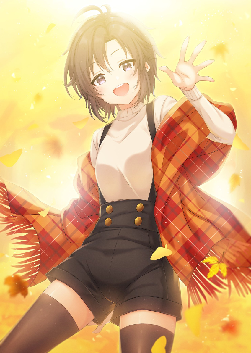 1girl :d antenna_hair autumn autumn_leaves ayumi_(as0206) black_eyes black_hair black_legwear black_shorts blurry blurry_background blurry_foreground commentary_request cowboy_shot high-waist_shorts highres idolmaster idolmaster_(classic) idolmaster_2 kikuchi_makoto long_sleeves looking_at_viewer open_mouth plaid_shawl shawl shorts smile solo suspender_shorts suspenders sweater thigh-highs waving white_sweater