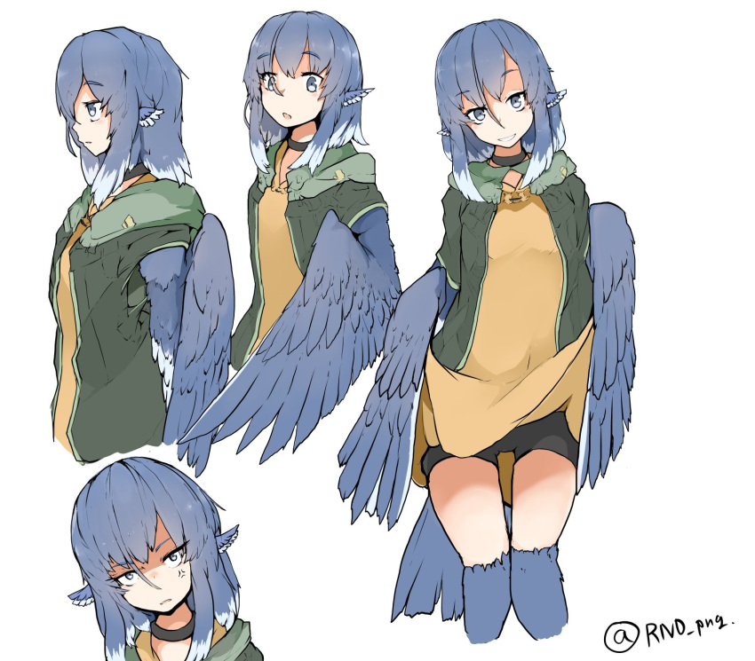 1girl anger_vein animal_ears bike_shorts bird_ears bird_legs bird_tail bird_wings blue_feathers blue_hair blue_wings blush choker dress dress_lift feathered_wings feathers green_jacket grey_eyes harpy head_feathers highres jacket lifted_by_self monster_girl multiple_views open_mouth original rnd.jpg smile winged_arms wings yellow_dress