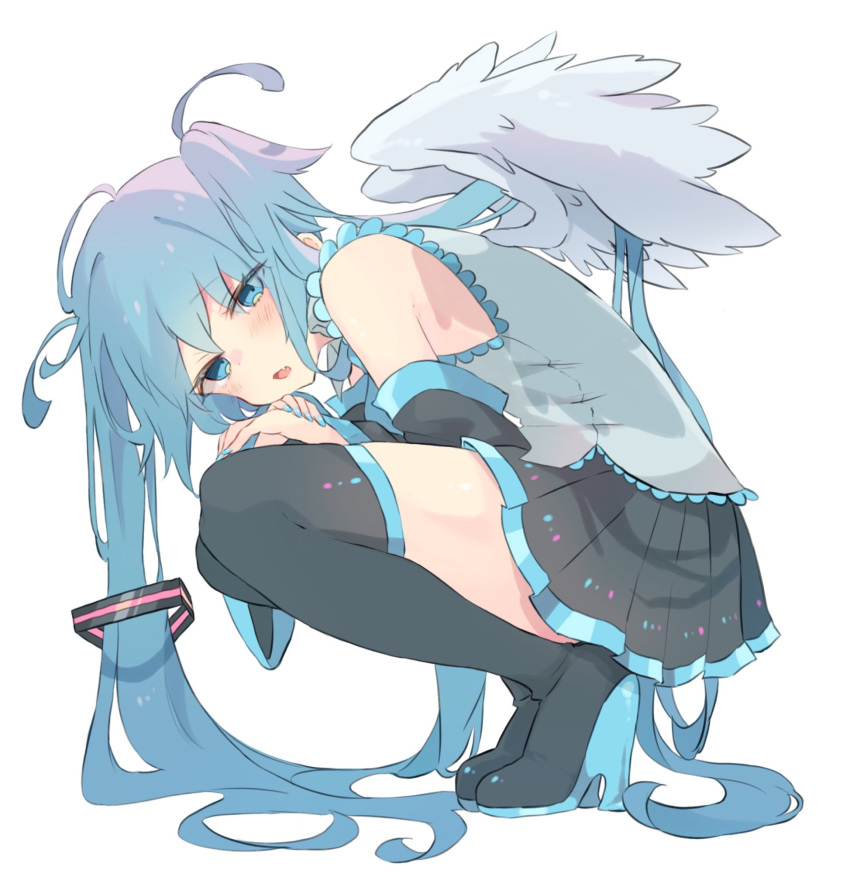 1girl ahoge angel_wings arm_between_legs bare_shoulders black_footwear black_skirt black_sleeves blue_eyes blue_hair blue_nails blue_shirt boots clothing_cutout detached_sleeves dot_nose fang frilled_shirt frills from_side full_body furrowed_brow hair_ornament half-closed_eyes hatsune_miku high_heel_boots high_heels highres light_blue_hair light_blush long_hair looking_at_viewer nail_polish nekonika_(e102k) open_mouth own_hands_together pleated_skirt shirt shoulder_cutout simple_background skirt solo squatting thigh_boots twintails very_long_hair vocaloid white_background wings zettai_ryouiki