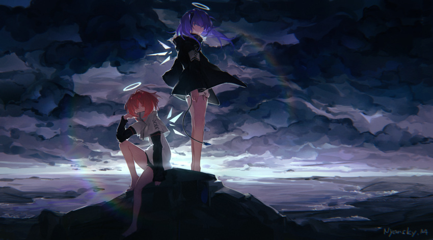 2girls absurdres arknights bare_legs black_jacket blue_eyes blue_hair capelet clouds cloudy_sky exusiai_(arknights) halo highres huge_filesize jacket knee_up long_hair long_sleeves mostima_(arknights) multiple_girls nyansky outdoors red_eyes redhead sitting sky standing tail white_capelet wide_sleeves