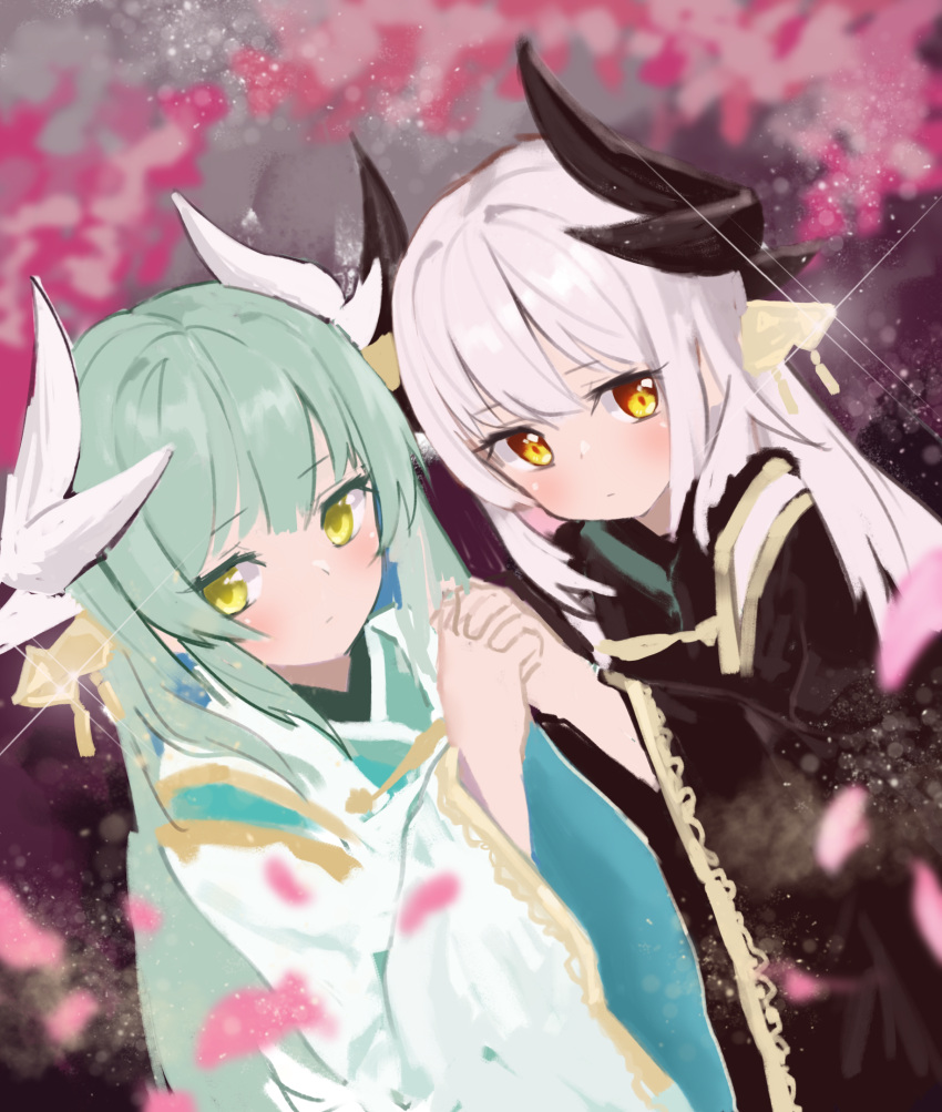 2girls bangs cherry_blossoms fate/grand_order fate_(series) grey_hair highres holding_hands horns japanese_clothes kimono kiyohime_(fate/grand_order) kiyohime_(onmyoji) multicolored multicolored_background multiple_girls seojinhui shiny sparkle white_hair yellow_eyes