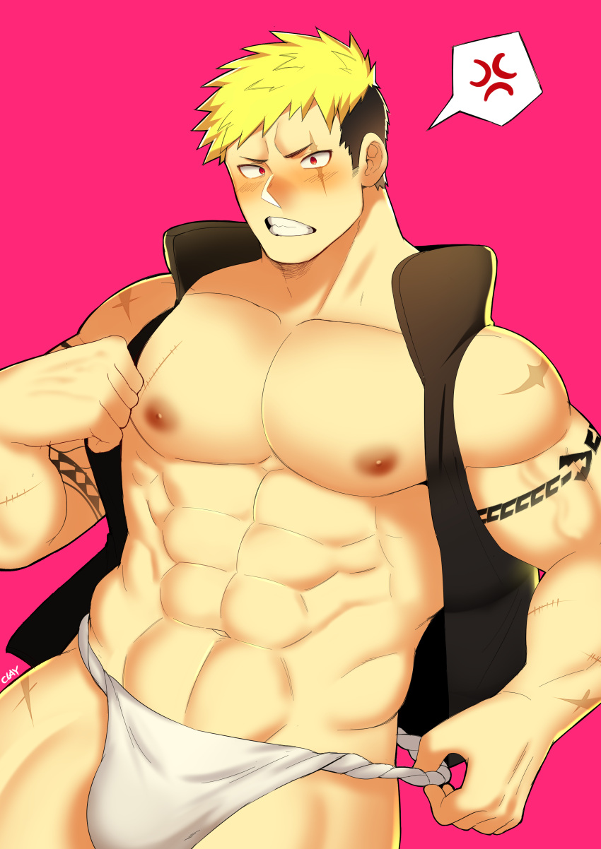 1boy abs absurdres alternate_costume bara bare_arms bare_chest bare_shoulders black_hair blonde_hair blush brown_hair bulge character_request chest clayten fundoshi highres japanese_clothes male_focus multicolored_hair muscle navel nipples open_clothes red_eyes scar scar_across_eye short_hair sideburns simple_background sleeveless solo tattoo thick_thighs thighs tokyo_houkago_summoners undressing upper_body