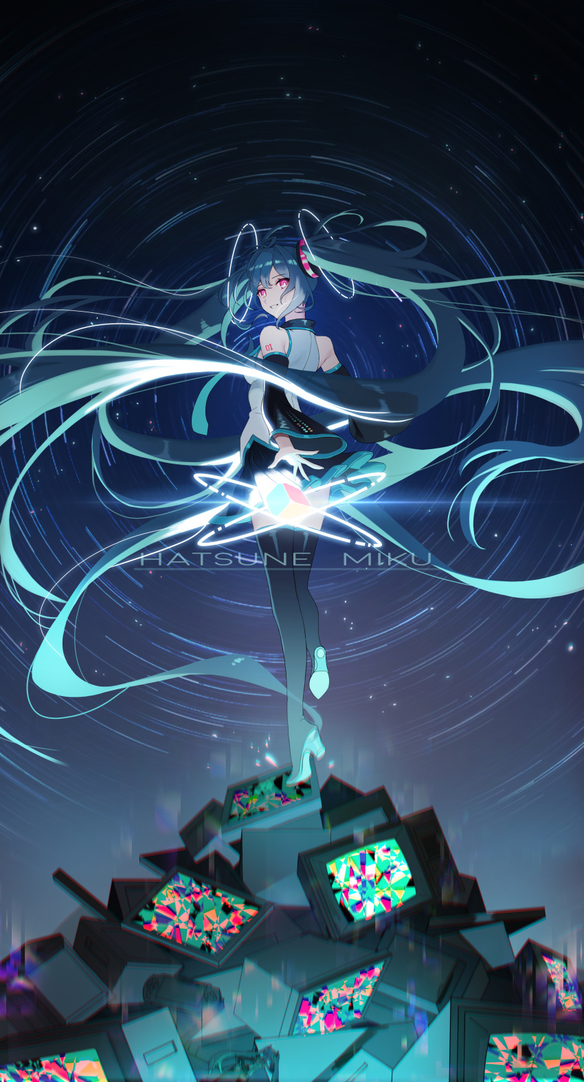 1girl absurdly_long_hair absurdres aisarenakute_mo_kimi_ga_iru_(vocaloid) alternate_eye_color aqua_hair aqua_neckwear aqua_theme arms_behind_back bare_shoulders black_footwear black_legwear black_skirt blurry blurry_foreground boots breasts character_name chromatic_aberration clenched_teeth collared_shirt colorful commentary_request cube dark_background darkness detached_sleeves dress_shirt eyebrows_visible_through_hair figure fingernails flat_screen_tv floating_hair full_body glowing grey_shirt hair_between_eyes hatsune_miku highres korean_commentary light_smile long_hair looking_at_viewer looking_back nape necktie night night_sky nintendo_switch number_tattoo parted_lips pink_eyes pleated_skirt seoki_(hi3031) shiny shiny_hair shirt shoulder_tattoo sideboob skirt sky sleeveless sleeveless_shirt small_breasts solo standing standing_on_one_leg tattoo teeth television television_screen thigh-highs thigh_boots twintails very_long_hair vocaloid zettai_ryouiki