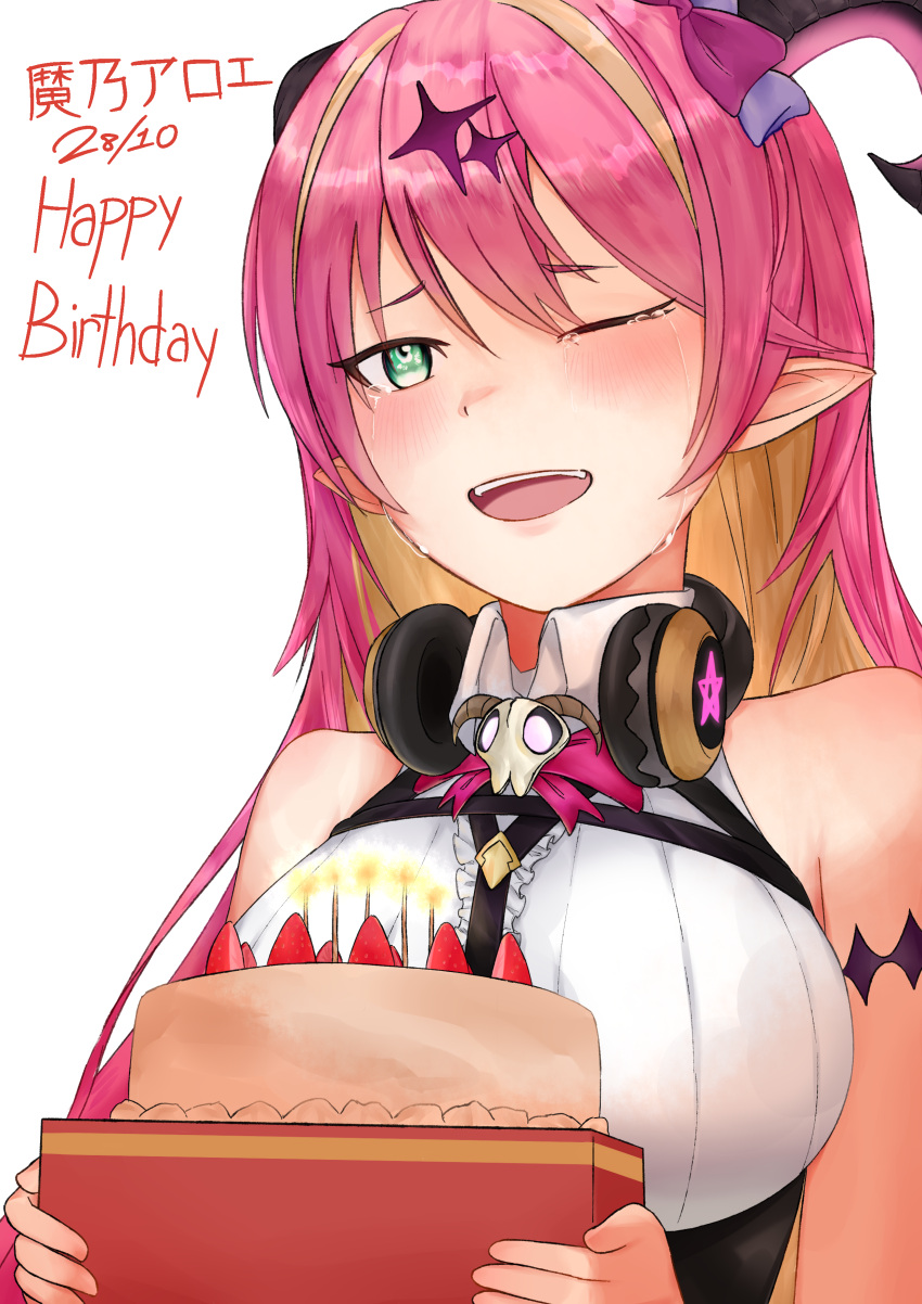 1girl absurdres ajiitou arm_strap asymmetrical_horns bangs bare_shoulders birthday birthday_cake blonde_hair blush bow bowtie breasts cake chest_harness commentary_request crying demon_girl demon_horns eyebrows_visible_through_hair food green_eyes hair_ornament happy_birthday harness headphones headphones_around_neck highres hololive horn_bow horns large_breasts long_hair looking_at_viewer mano_aloe multicolored_hair one_eye_closed open_mouth pink_hair pointy_ears shirt sleeveless sleeveless_shirt solo succubus sweat tears two-tone_hair virtual_youtuber