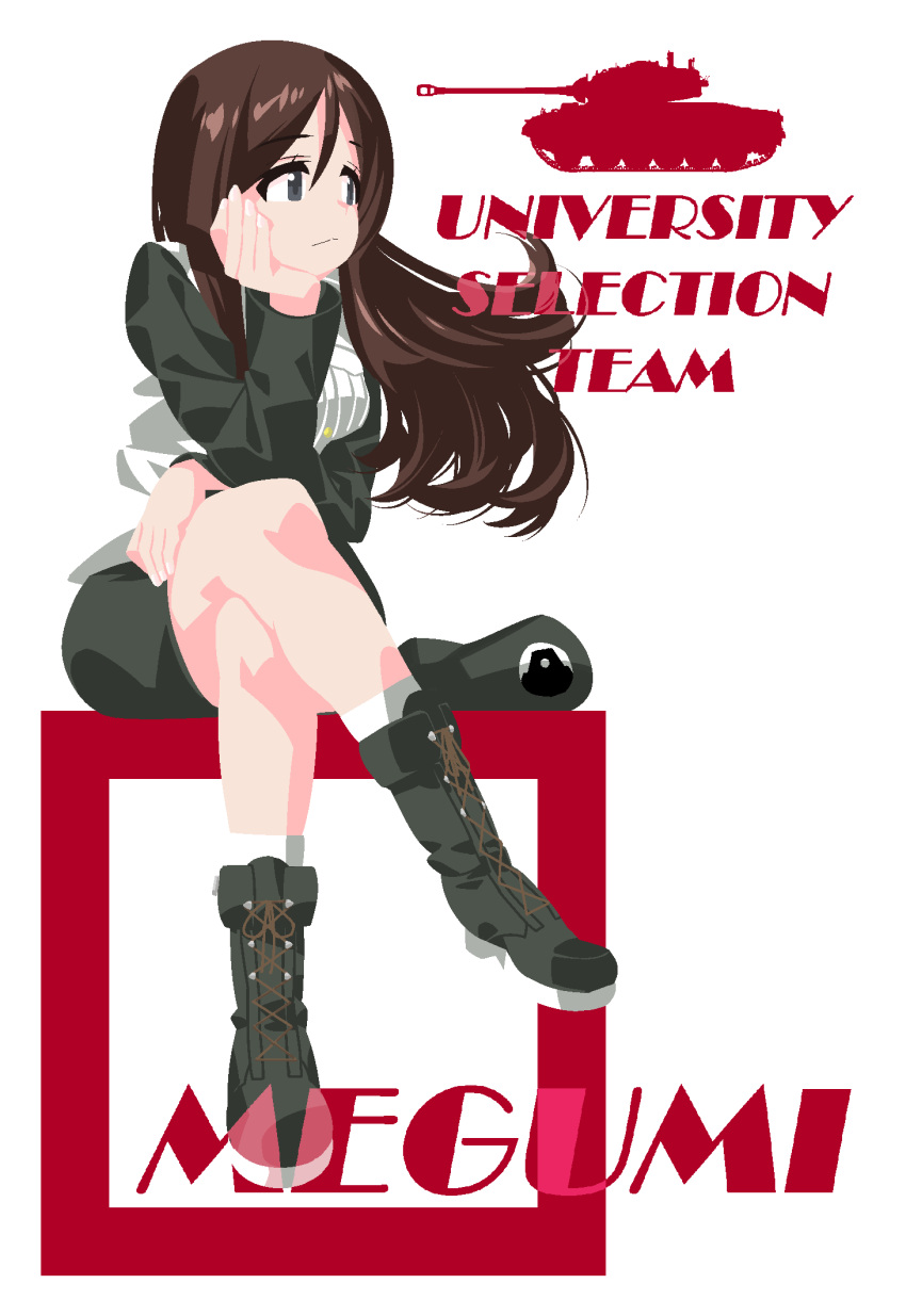 1girl beret black_footwear black_headwear black_jacket black_skirt blue_eyes boots brown_hair character_name chin_rest closed_mouth commentary_request cross-laced_footwear crossed_legs dress_shirt emblem english_text girls_und_panzer hat hat_removed headwear_removed highres inou_takashi jacket japanese_tankery_league_(emblem) lace-up_boots light_frown long_hair long_sleeves looking_to_the_side m26_pershing megumi_(girls_und_panzer) military military_hat military_uniform miniskirt pencil_skirt selection_university_military_uniform shirt sitting skirt socks solo square uniform white_background white_legwear white_shirt wind