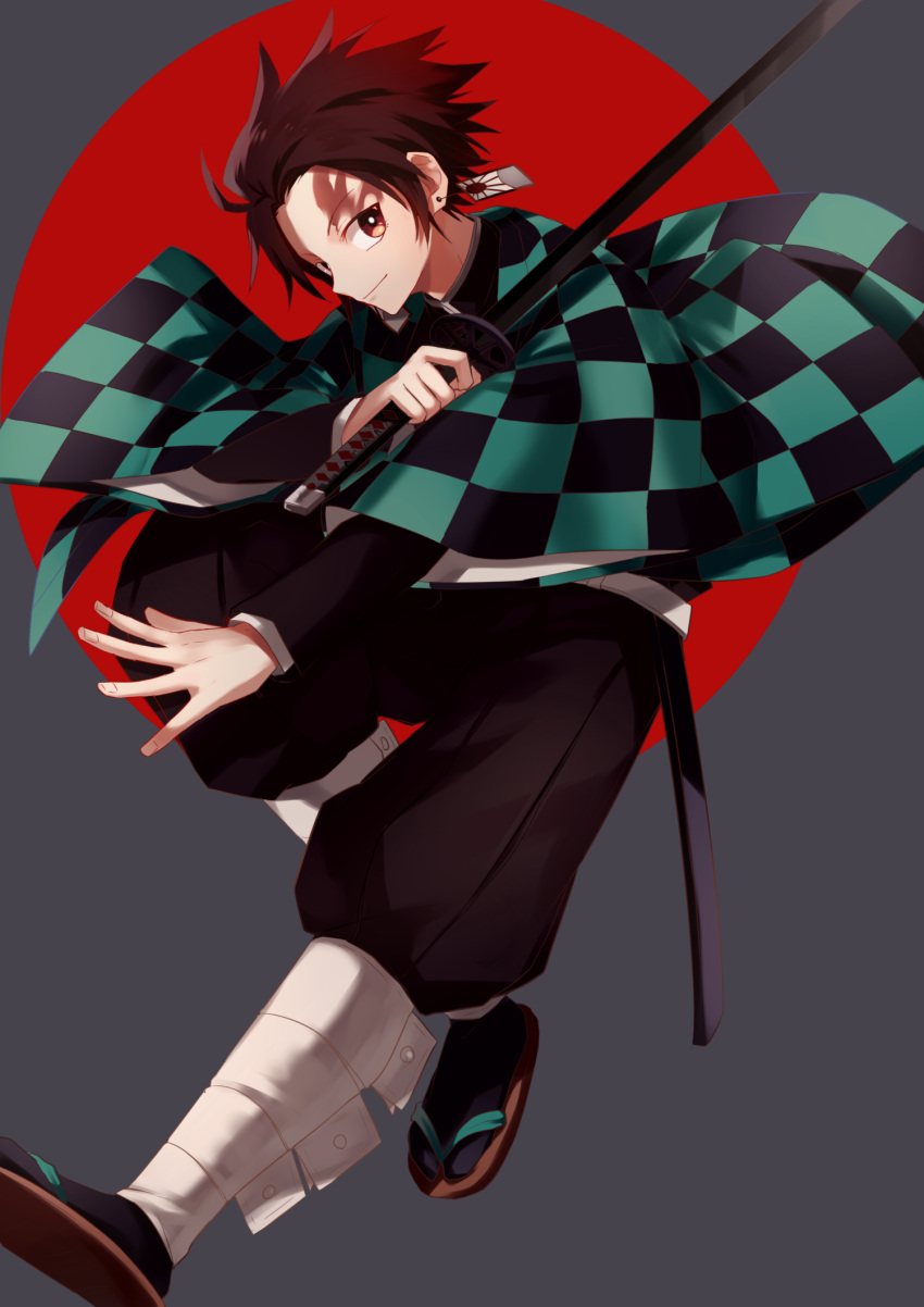 1boy brown_hair checkered_haori earrings from_side haori highres holding holding_sword holding_weapon japanese_clothes jewelry kamado_tanjirou kimetsu_no_yaiba looking_at_viewer male_focus solo sword takechu unsheathed weapon