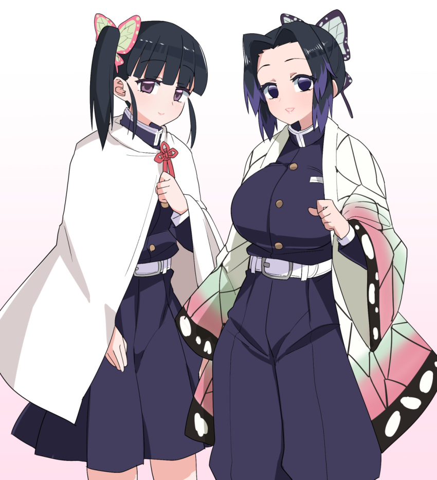 2girls :d akitokage01 bangs belt belt_buckle black_hair black_jacket black_pants breasts buckle butterfly_hair_ornament closed_mouth commentary_request cowboy_shot feet_out_of_frame gradient_hair hair_ornament haori highres jacket japanese_clothes kimetsu_no_yaiba kochou_shinobu large_breasts long_sleeves looking_at_viewer multicolored_hair multiple_girls open_mouth pants parted_bangs pleated_skirt purple_hair short_hair side_ponytail simple_background skirt smile standing tsuyuri_kanao violet_eyes white_background white_belt
