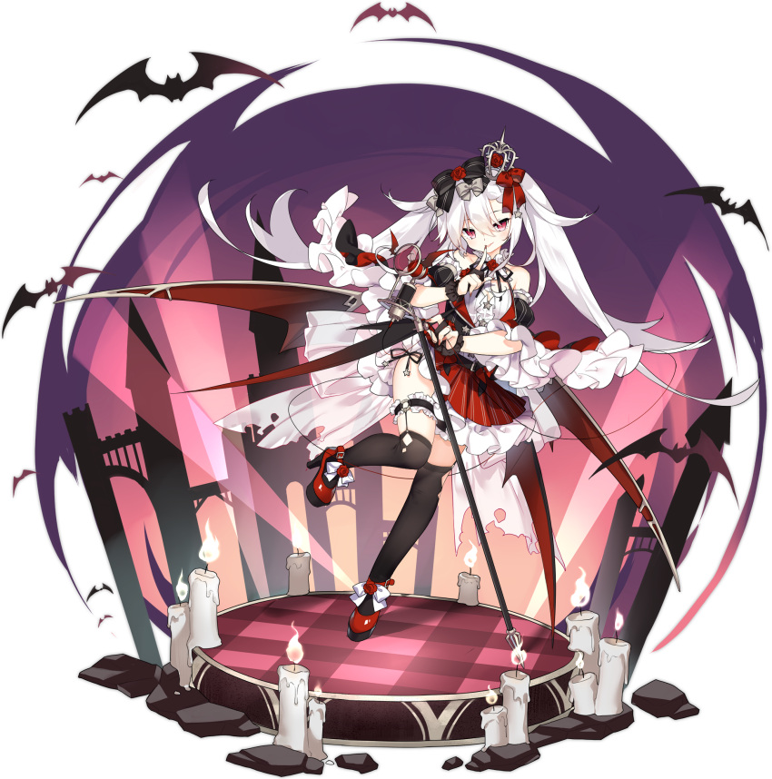1girl azur_lane bare_shoulders bat_wings black_legwear black_vest bow candle crown detached_sleeves finger_to_mouth floating_hair full_body hair_bow high_heels highres idol leg_garter leg_up long_hair looking_at_viewer microphone_stand mini_crown miniskirt official_art over-kneehighs pleated_skirt red_eyes red_footwear red_skirt saru shirt skirt solo stage_lights thigh-highs tongue tongue_out transparent_background twintails vampire_(azur_lane) vampire_(night_princess_idol)_(azur_lane) very_long_hair vest white_hair white_shirt wings