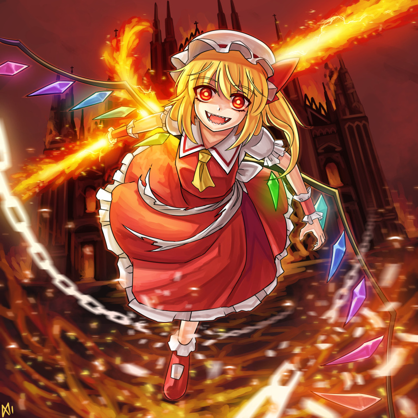 a-xii blonde_hair chain crazy_eyes dress flandre_scarlet flying hat highres holding holding_weapon looking_at_viewer mob_cap open_mouth red_dress red_eyes red_sky scarlet_devil_mansion short_hair sky smile solo sword touhou weapon yellow_neckwear