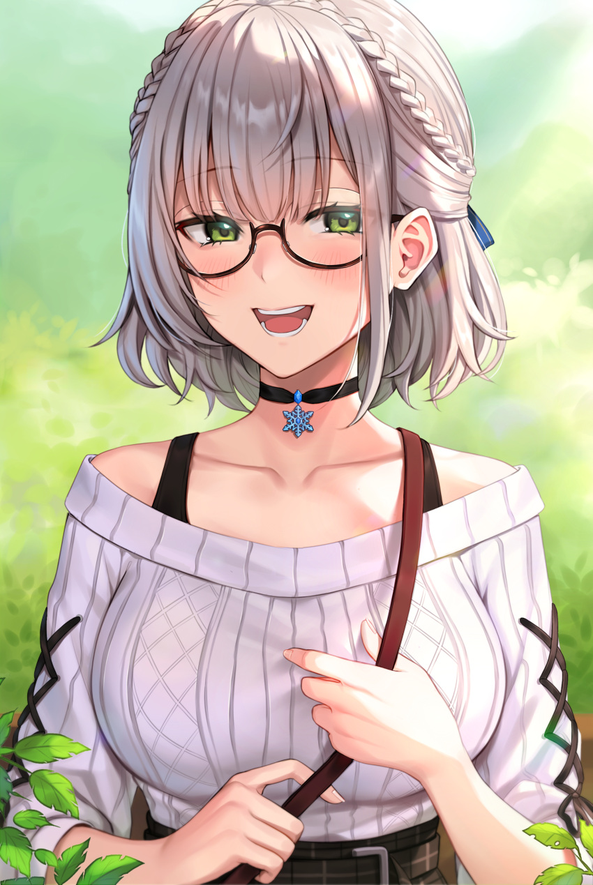 1girl absurdres bangs black-framed_eyewear black_choker blush breasts choker collarbone eyebrows_visible_through_hair fingernails glasses green_eyes highres hololive large_breasts looking_at_viewer open_mouth reiji-rj ribbed_sweater shirogane_noel short_hair silver_hair smile solo sweater teeth upper_body virtual_youtuber white_sweater