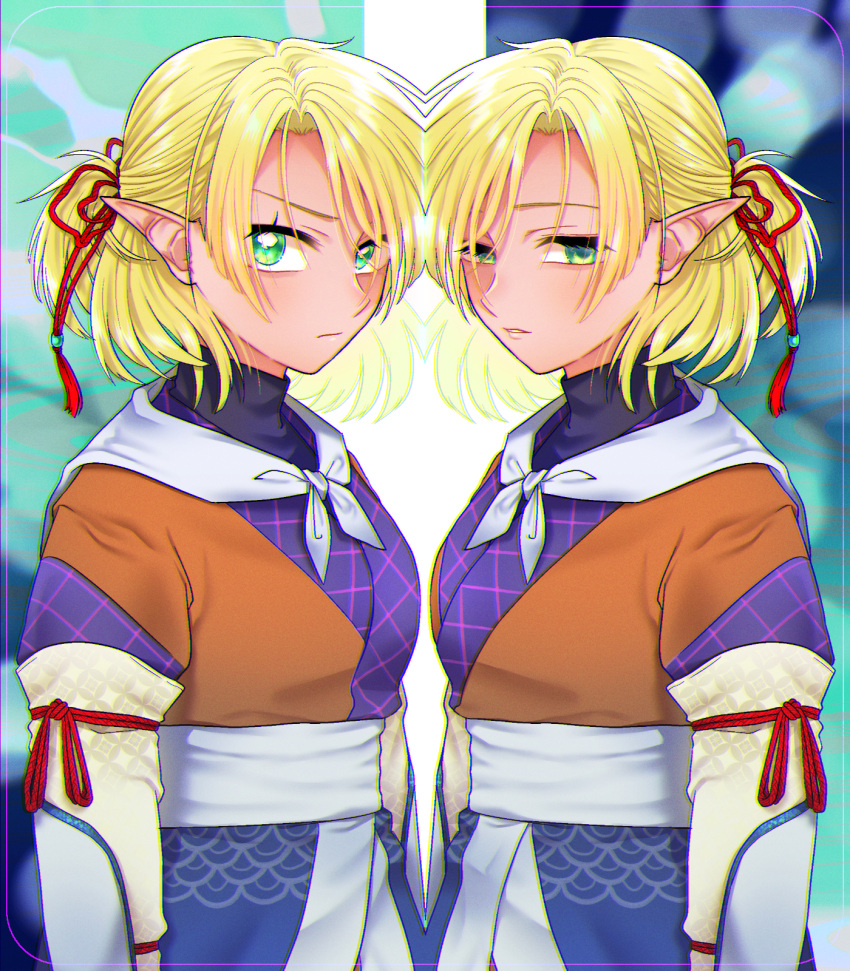 2girls arm_guards arm_ribbon ascot bangs black_shirt blonde_hair blush brown_jacket clone closed_mouth commentary_request detached_sleeves empty_eyes green_eyes hair_between_eyes hair_ribbon half-closed_eyes half_updo highres jacket looking_at_viewer mito_(mo96g) mizuhashi_parsee multicolored multicolored_clothes multiple_girls parted_bangs parted_lips pointy_ears red_ribbon reflection ribbon sash shirt short_hair short_ponytail standing tied_hair touhou turtleneck upper_body white_neckwear white_sash
