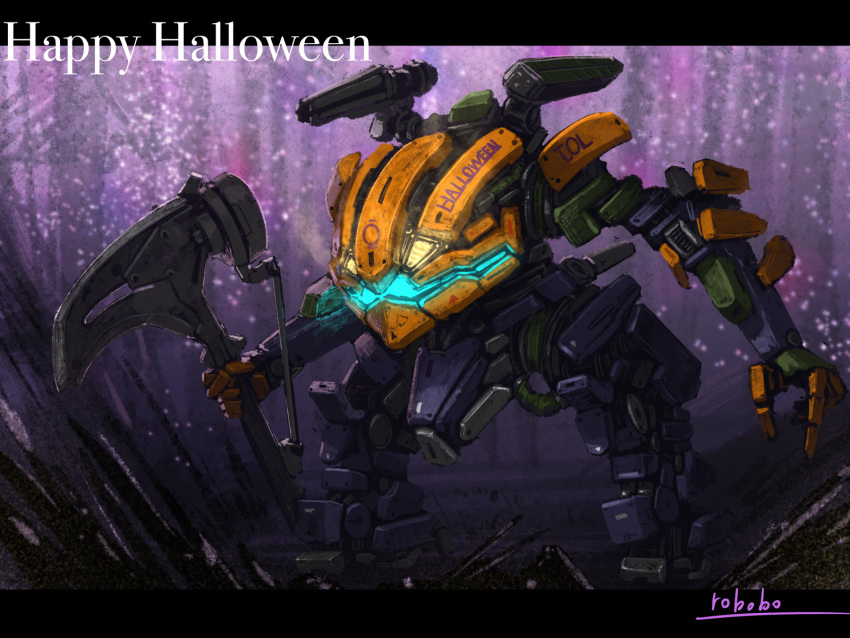 axe bottoms1237 glowing glowing_eyes halloween highres holding holding_axe jack-o'-lantern looking_down mecha no_humans original science_fiction shoulder_cannon solo yellow_eyes