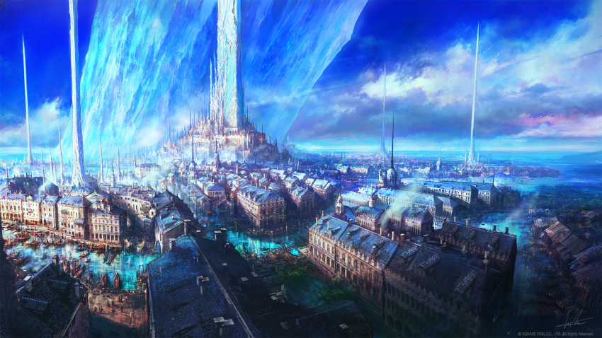 blue_sky boat city clouds crystal final_fantasy final_fantasy_xvi highres official_art scenery sky square_enix takahashi_kazuya tower water watercraft