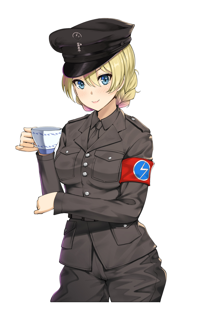 1girl absurdres armband artist_request black_jacket black_neckwear black_shirt blonde_hair blue_eyes braid breast_pocket breasts british cropped_legs cup darjeeling_(girls_und_panzer) england french_braid girls_und_panzer hat highres holding holding_cup jacket long_sleeves looking_at_viewer military military_hat military_uniform necktie oswald_mosley pocket real_life saucer shirt smile solo source_request teacup transparent_background uniform united_kingdom