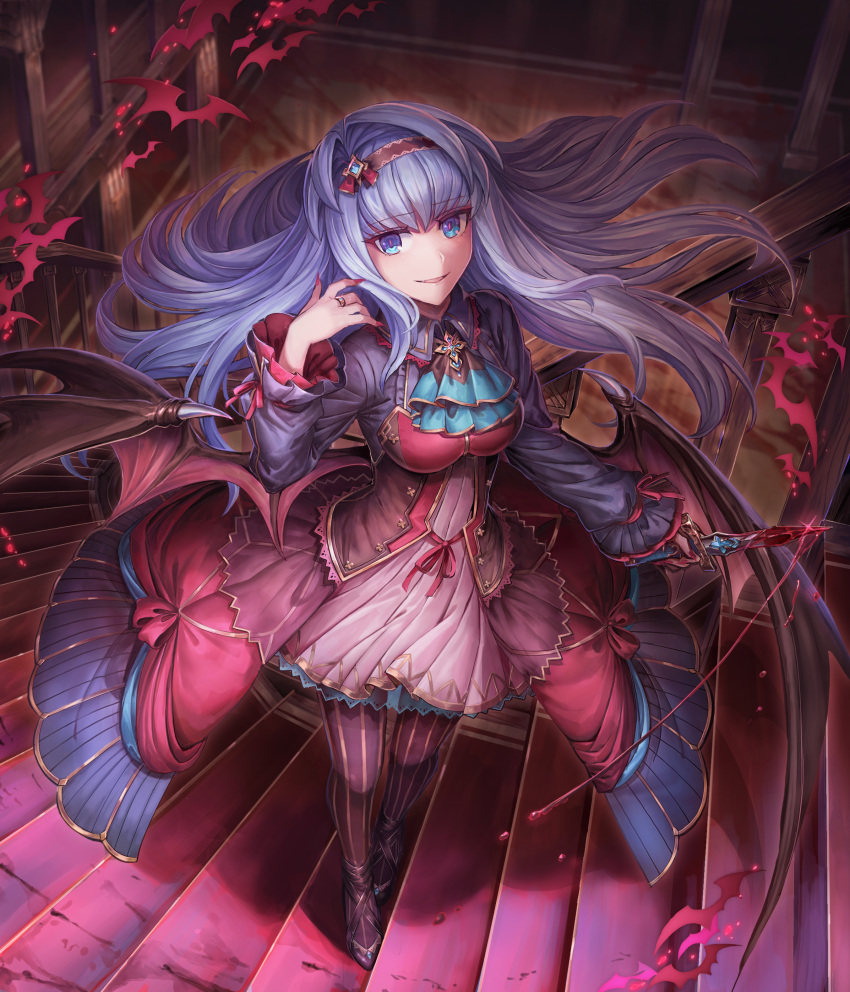 1girl absurdres blood bloody_weapon blue_eyes blue_hair blue_neckwear breasts cravat demon_wings fingernails floating_hair from_above grey_hair hairband hand_up highres holding holding_knife jewelry knife large_breasts layered_skirt long_hair long_sleeves looking_at_viewer low_wings nail_polish open_clothes open_skirt original pantyhose parted_lips pink_pupils red_nails red_skirt ring shichigatsu skirt smile solo stairs striped striped_legwear vertical-striped_legwear vertical_stripes weapon wings