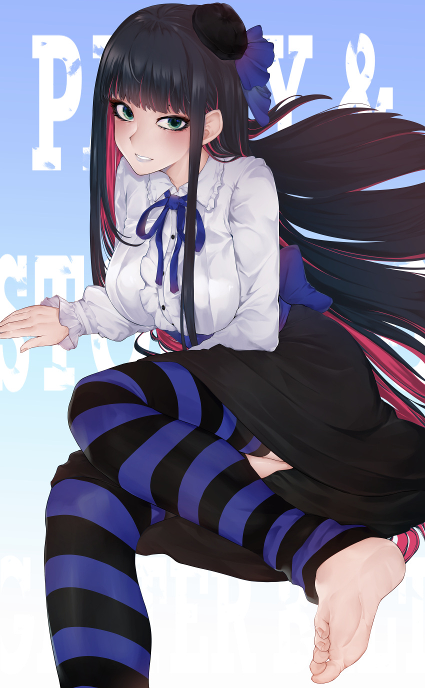 1girl absurdres aqua_eyes bangs barefoot black_hair blunt_bangs blush breasts chiwa_kotarou eyelashes frills grin highres huge_filesize lipstick long_hair looking_at_viewer makeup multicolored_hair panty_&amp;_stocking_with_garterbelt purple_hair purple_lipstick skirt smile solo stocking_(psg) striped striped_legwear two-tone_hair very_long_hair