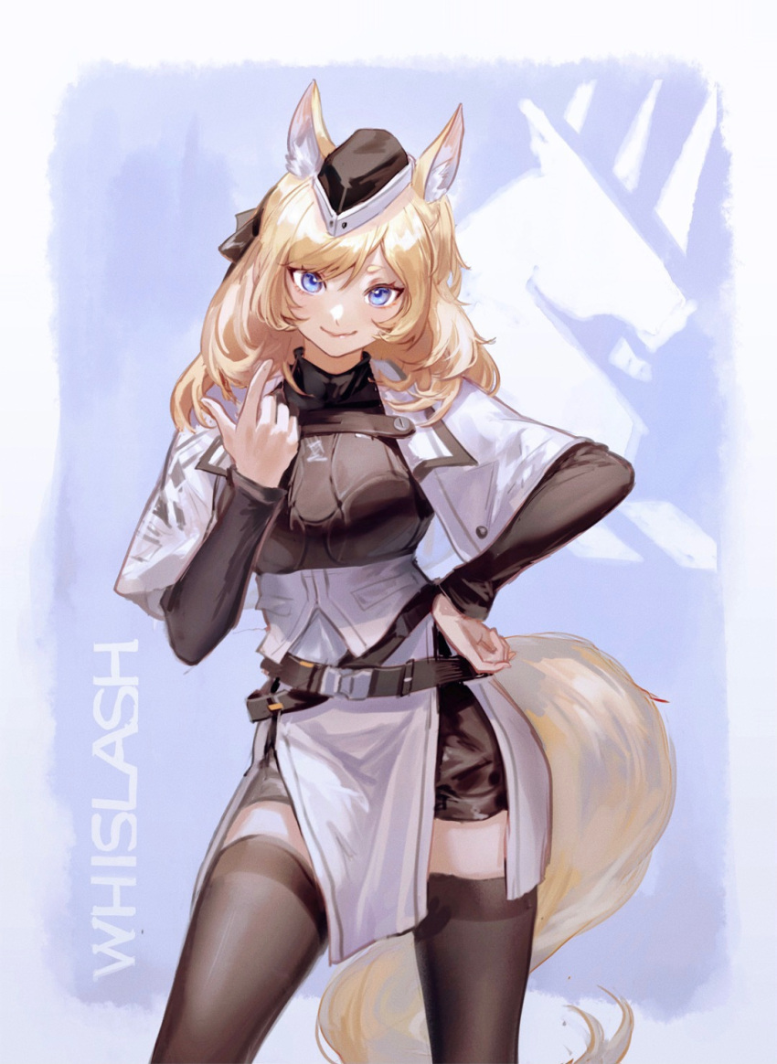 1girl achyue animal_ears arknights bangs belt black_headwear black_legwear blonde_hair blue_eyes breasts cape character_name cowboy_shot garrison_cap hair_ribbon hand_on_hip hand_up hat highres index_finger_raised kingdom_of_kazimierz_logo long_hair long_sleeves looking_at_viewer ribbon smile solo standing tail thigh-highs thighs whislash_(arknights) white_cape