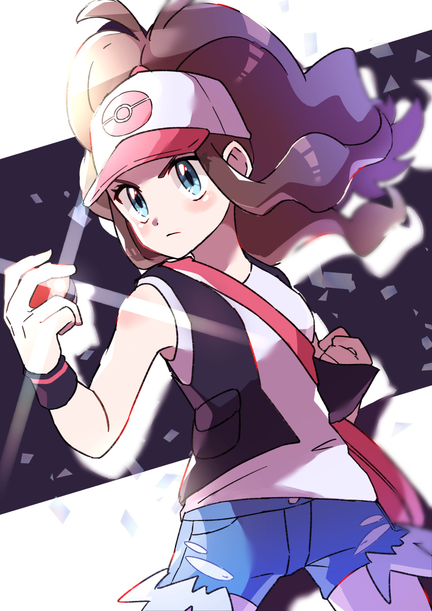 1girl absurdres aqua_eyes bag baseball_cap black_vest black_wristband blush brown_hair clenched_hand closed_mouth commentary_request cowboy_shot denim denim_shorts floating_hair hat high_ponytail highres hilda_(pokemon) holding holding_poke_ball long_hair looking_to_the_side poke_ball poke_ball_(basic) pokemon pokemon_(game) pokemon_bw pon_yui shirt short_shorts shorts shoulder_bag sidelocks sleeveless sleeveless_shirt solo two-tone_headwear v-shaped_eyebrows vest white_shirt wristband