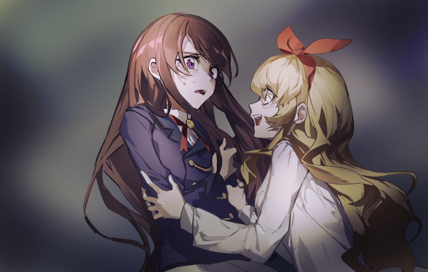 2girls aikatsu! aikatsu!_(series) arm_grab blonde_hair blue_jacket bow brown_hair collared_shirt commentary crazy_eyes crying evil_smile from_side frown gradient gradient_background hair_bow hairband highres hoshimiya_ichigo jacket long_hair long_sleeves looking_at_another multiple_girls neck_ribbon open_mouth out_of_character pleated_skirt red_bow red_eyes red_hairband red_neckwear ribbon sad school_uniform shibuki_ran shirt sideways_mouth skirt smile sobbing starlight_academy_uniform tears upper_teeth violet_eyes wattaro white_shirt white_skirt yandere
