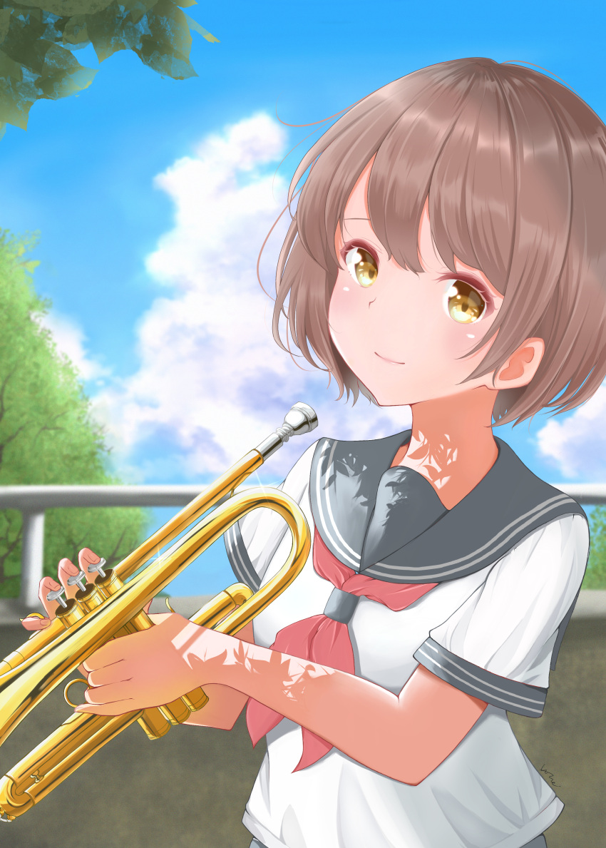 1girl absurdres bangs blue_sailor_collar blue_sky brown_hair closed_mouth clouds commentary day highres holding holding_instrument huge_filesize instrument kohe_billialot looking_at_viewer original outdoors railing red_neckwear sailor_collar school_uniform serafuku shadow shirt short_hair sky smile solo summer tree trumpet uniform upper_body white_shirt yellow_eyes