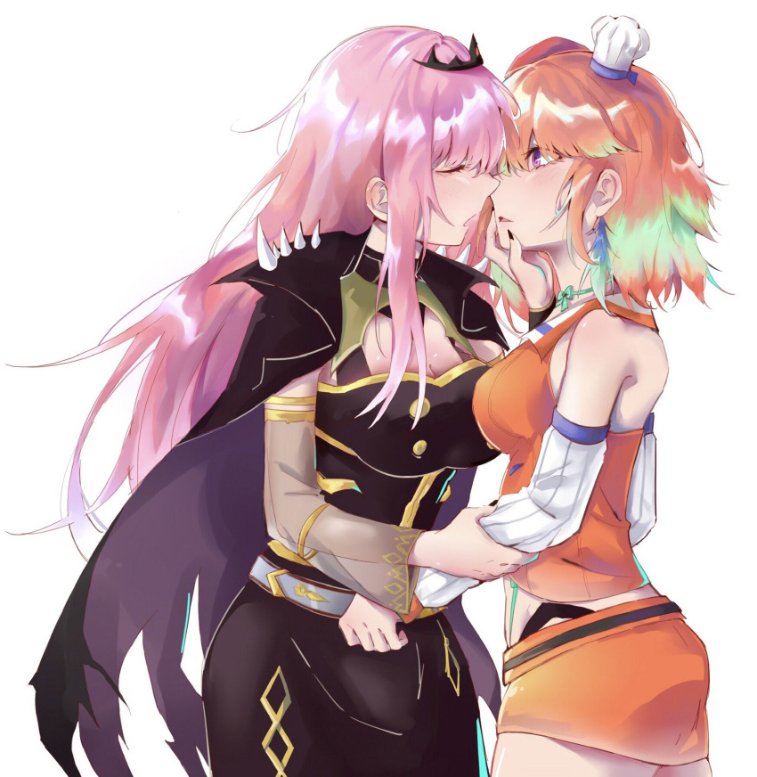 2girls arm_grab black_cape black_nails breasts cape chef_hat closed_eyes commentary detached_sleeves fingernails from_side hand_on_another's_chin haskyyyyy1 hat highres hololive hololive_english imminent_kiss large_breasts long_hair medium_breasts medium_hair mori_calliope multicolored_hair multiple_girls open_mouth orange_hair orange_shirt orange_skirt pink_hair shirt shoulder_spikes skirt spikes standing symbol_commentary takanashi_kiara tiara tilted_headwear violet_eyes white_headwear yuri
