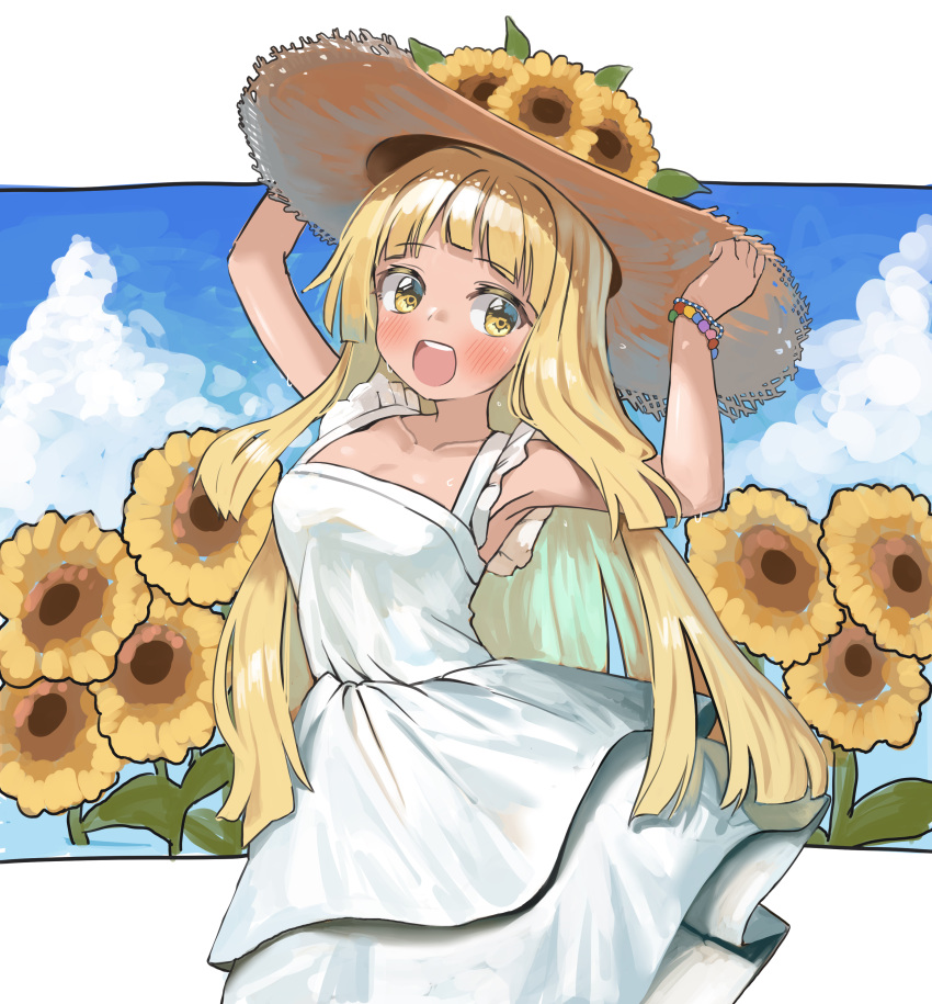 1girl absurdres bang_dream! bare_shoulders blonde_hair breasts clouds collarbone dress flower hair_flower hair_ornament hat highres holding holding_clothes holding_hat long_hair seojinhui straw_hat sunflower sunflower_hair_ornament tan tsurumaki_kokoro white_dress