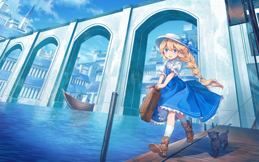 3girls :d akari_(shichigatsu) ankle_boots black_cat blonde_hair blue_dress blue_eyes blue_sky boots braid bridge brown_footwear cat day dress floating_hair gondola highres holding holding_suitcase long_hair looking_at_viewer multiple_girls open_mouth original outdoors pier pinafore_dress shichigatsu shirt single_braid sky smile socks solo_focus sou_(shichigatsu) suitcase walking white_legwear white_shirt