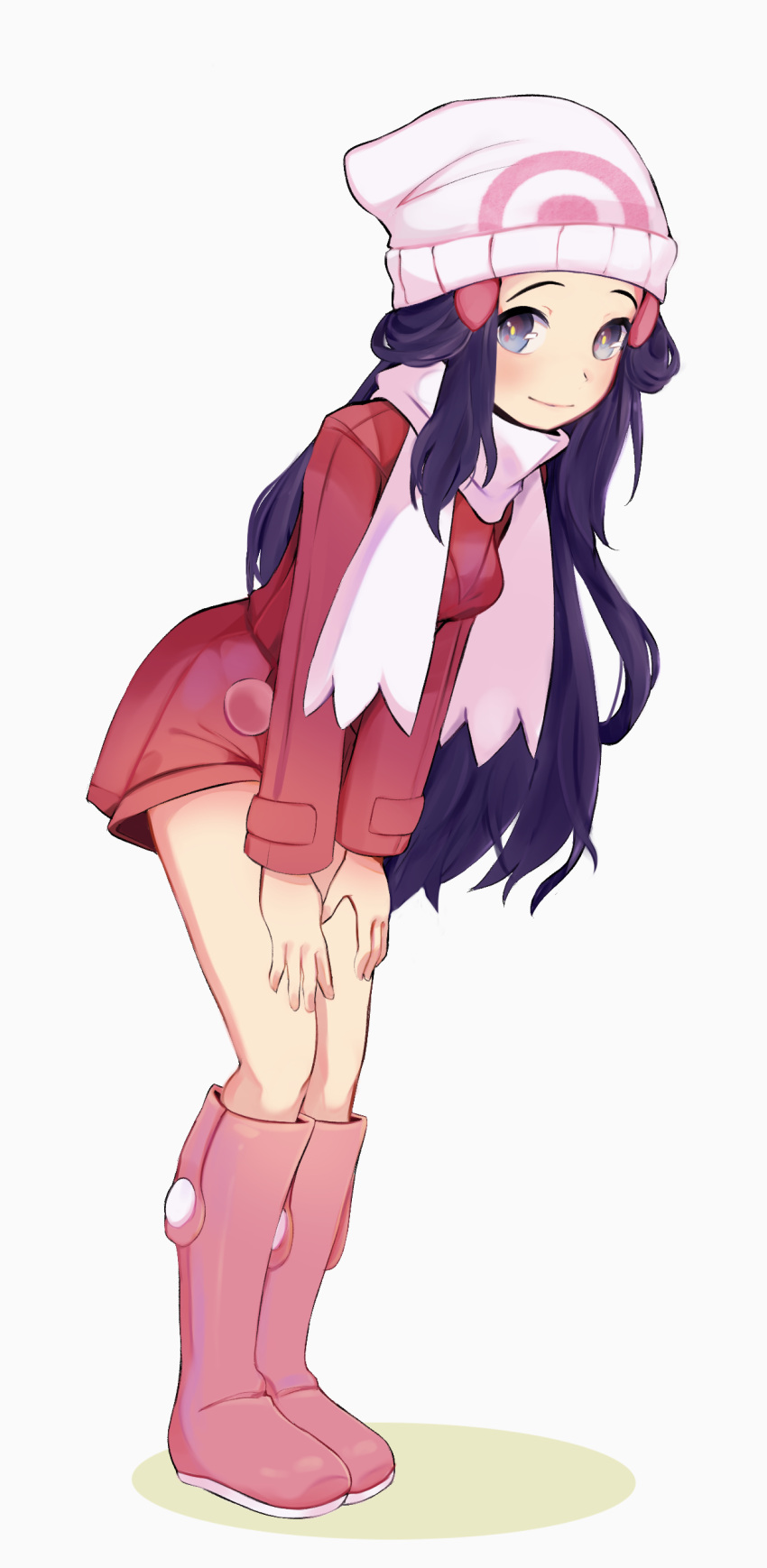 1girl absurdres b_wb beanie blush boots closed_mouth coat hikari_(pokemon) full_body grey_eyes hair_ornament hairclip hands_on_own_thighs hat highres leaning_forward light_smile long_hair long_sleeves looking_to_the_side pink_footwear pokemon pokemon_(game) pokemon_dppt pokemon_platinum purple_hair red_coat scarf sidelocks solo standing white_headwear white_scarf
