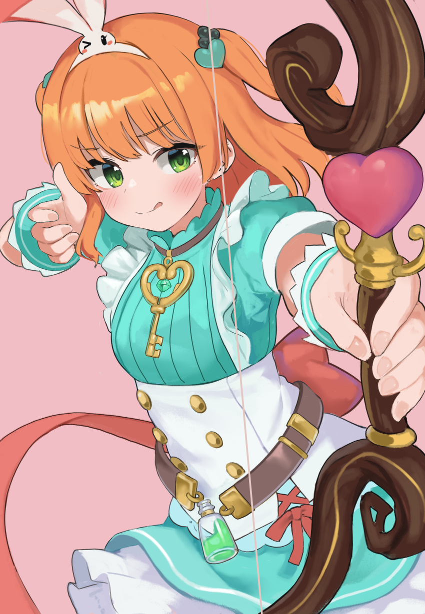 1girl :p absurdres belt blush bow_(weapon) dress frilled_dress frills green_eyes hairband heart highres jewelry necklace princess_connect! princess_connect!_re:dive rino_(princess_connect!) seojinhui short_sleeves tongue tongue_out weapon