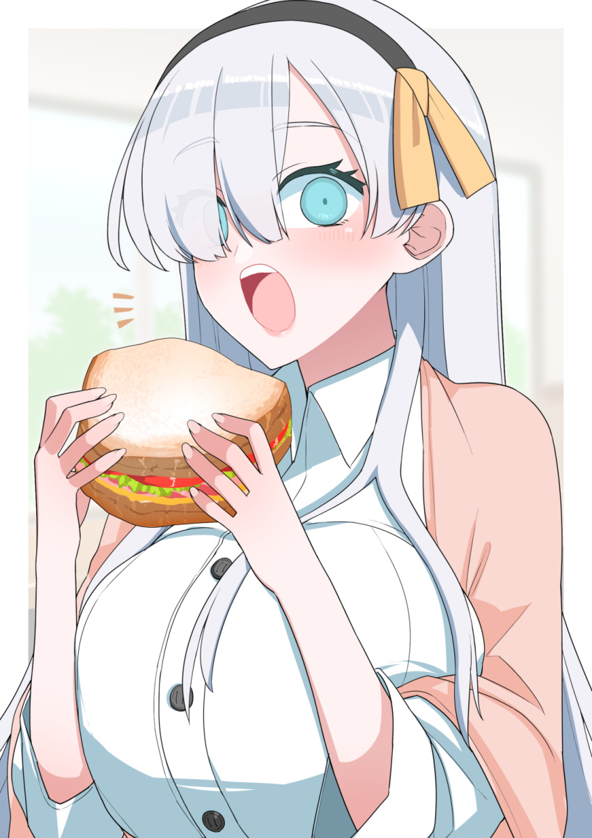 1girl akitokage01 anastasia_(fate) bangs beige_jacket black_hairband blue_eyes blush border breasts collared_shirt commentary_request dress_shirt eating eyebrows_visible_through_hair eyes_visible_through_hair fate/grand_order fate_(series) food hair_over_shoulder hairband hands_up highres holding holding_food huge_breasts jacket long_hair open_clothes open_jacket open_mouth outside_border sandwich shirt sleeves_past_elbows solo upper_body upper_teeth white_border white_shirt