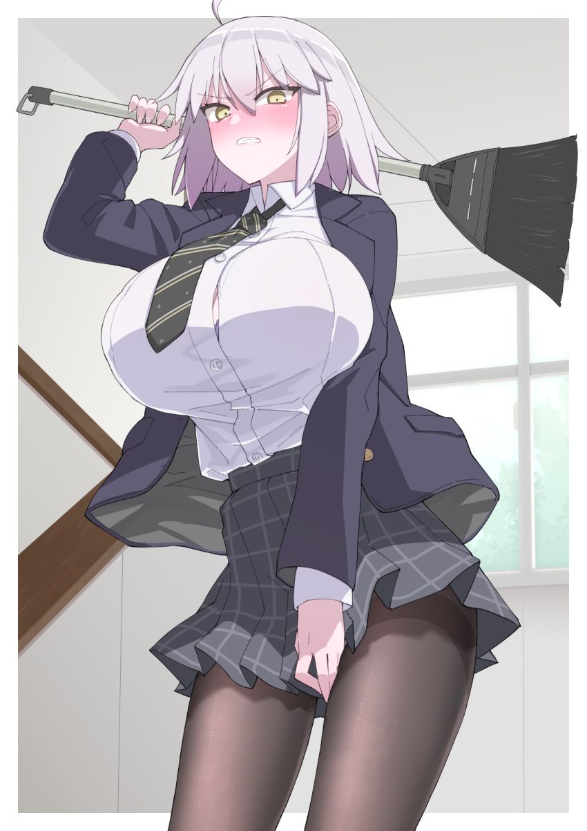 1girl ahoge akitokage01 alternate_costume angry arm_up bangs between_legs black_jacket black_legwear black_neckwear black_skirt blush border breasts broom clenched_teeth collared_shirt commentary_request cowboy_shot diagonal-striped_neckwear diagonal_stripes dress_shirt fate/grand_order fate_(series) hand_between_legs highres holding holding_broom huge_breasts jacket jeanne_d'arc_(alter)_(fate) jeanne_d'arc_(fate)_(all) large_breasts layered_sleeves long_sleeves looking_at_viewer necktie open_clothes outside_border pantyhose plaid plaid_skirt pleated_skirt shirt shirt_tucked_in short_hair silver_hair skirt skirt_tug solo striped striped_neckwear teeth white_border white_shirt yellow_eyes