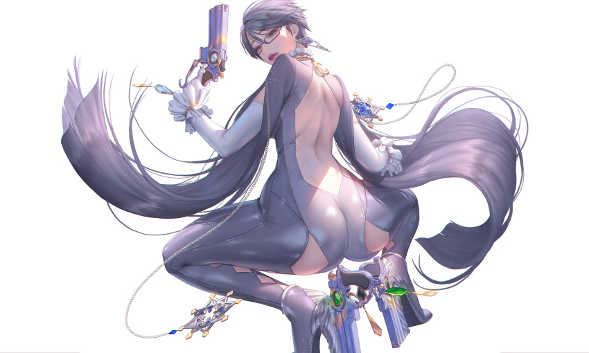 1girl ankle_gun ass backless_outfit bayonetta bayonetta_(character) bayonetta_2 black-framed_eyewear black_bodysuit black_hair bodysuit commentary_request detached_sleeves earrings elbow_gloves from_behind glasses gloves gun handgun high_heels highres holding holding_weapon jewelry lips looking_at_viewer looking_back love_cacao shiny shiny_clothes shiny_hair short_hair simple_background skin_tight solo squatting weapon white_background white_gloves