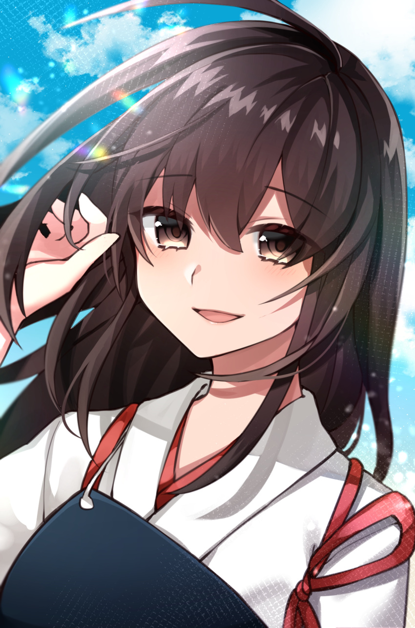 1girl :d ahoge bangs blue_sky blush brown_eyes brown_hair commentary_request day eyebrows_visible_through_hair hand_up highres japanese_clothes kantai_collection katsuobushi_(eba_games) kimono lens_flare long_hair looking_at_viewer muneate open_mouth outdoors portrait red_ribbon ribbon sky smile solo sunlight white_kimono