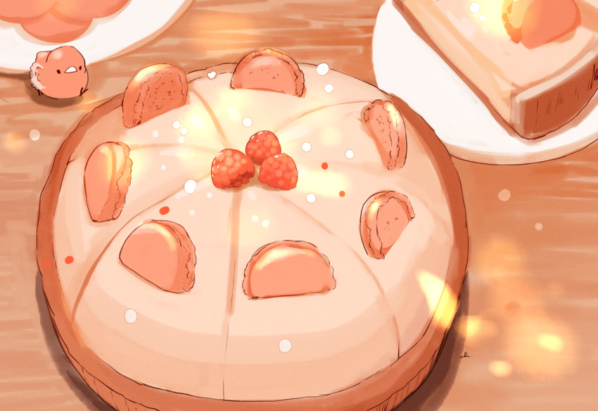 bird chai commentary_request food fruit highres light_particles macaron original pastry plate raspberry signature sliced sweets tart_(food) undersized_animal