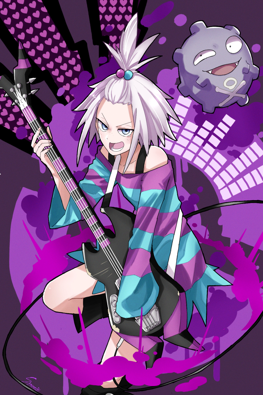 1girl bass_guitar blue_eyes boots bra_strap dress forehead gen_1_pokemon hair_bobbles hair_ornament heart highres instrument koffing long_sleeves looking_at_viewer pokemon pokemon_(game) pokemon_bw2 roxie_(pokemon) splatter_background stage_lights strapless strapless_dress striped striped_dress topknot user_hkpt8527 white_hair