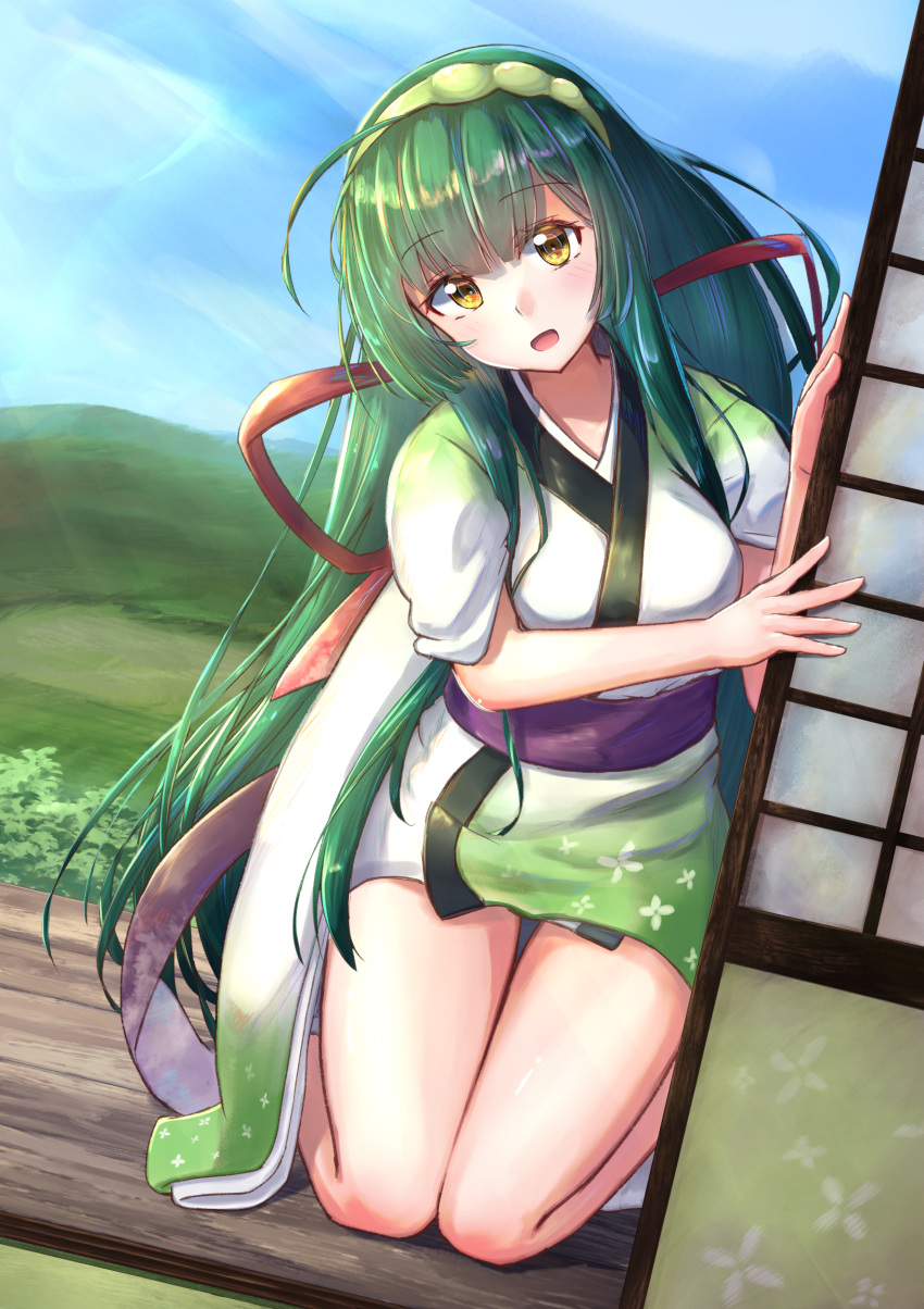 1girl :d absurdres ahoge bangs blue_sky breasts day eyebrows_visible_through_hair eyes_visible_through_hair green_hair green_hairband hairband highres hill japanese_clothes kimono kneeling long_hair looking_at_viewer lukky_clover medium_breasts open_mouth orange_eyes pea_pod sash short_kimono sidelocks sky smile solo thigh_gap touhoku_zunko very_long_hair vocaloid voiceroid