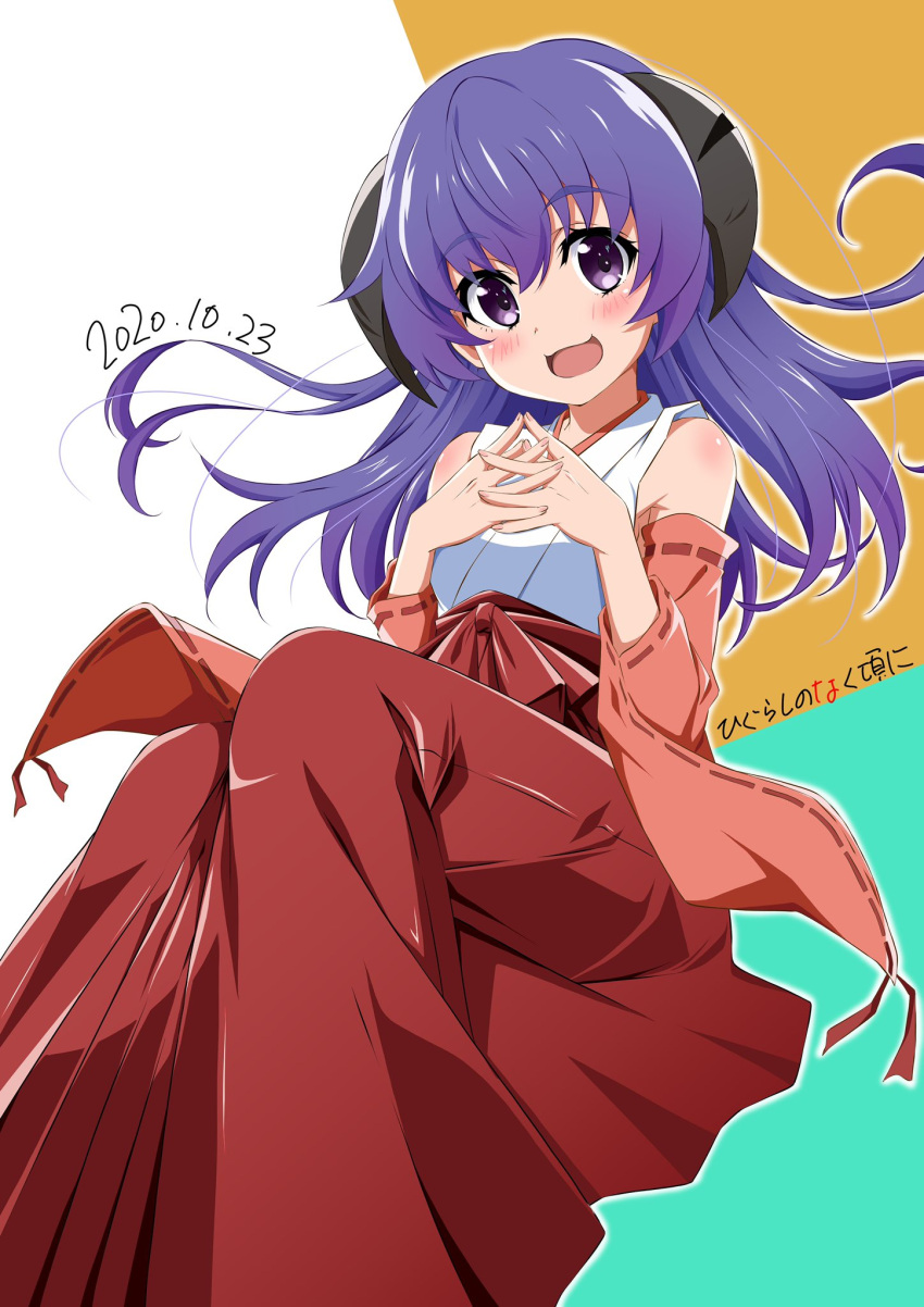 1girl 2020 blush copyright_name dated fingers_together hands_clasped hanyuu highres higurashi_no_naku_koro_ni horns japanese_clothes long_hair looking_at_viewer miko official_style open_mouth own_hands_together purple_hair simple_background smile solo tsuji643163271 violet_eyes