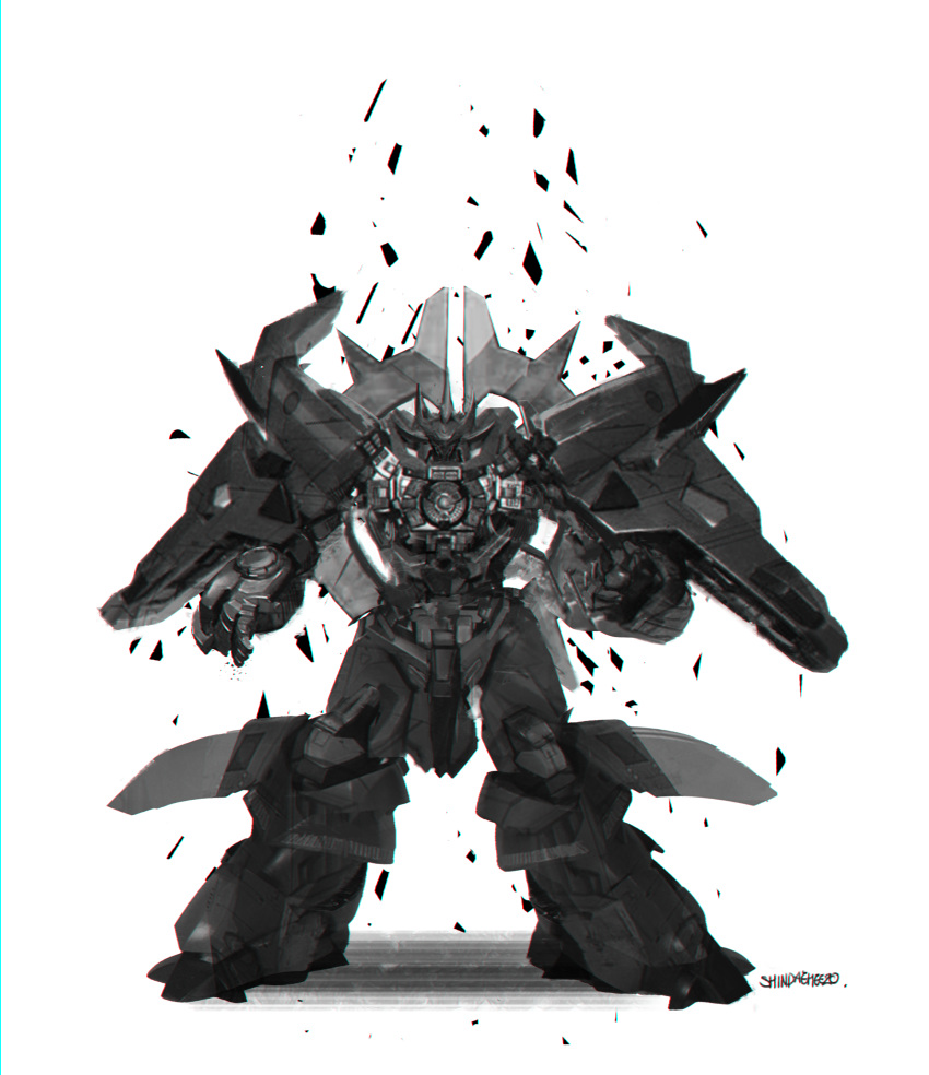 absurdres babyj0 highres looking_at_viewer mecha monochrome neo_granzon no_humans open_hands science_fiction solo standing super_robot super_robot_wars super_robot_wars_original_generation white_background