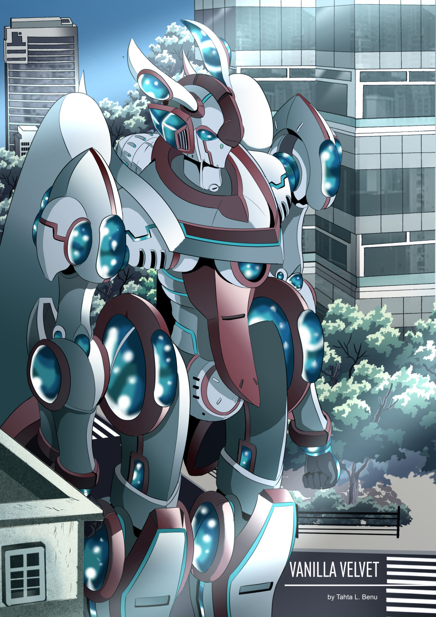 absurdres artist_name blue_eyes clenched_hand english_commentary highres joints looking_ahead mecha no_humans original robot_joints solo standing super_robot tahta_lazuardy_benu