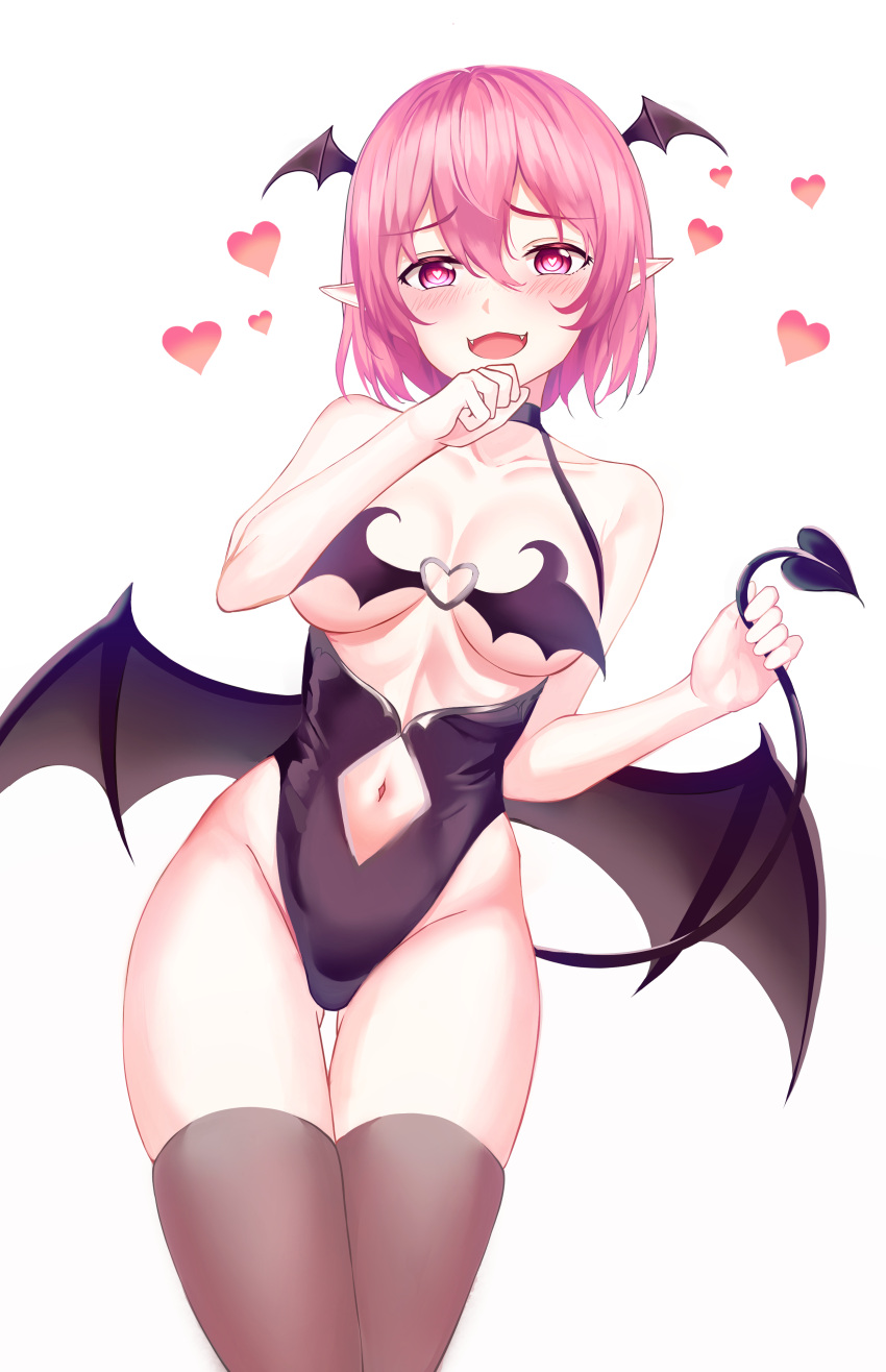1girl :d absurdres bare_arms bare_shoulders black_leotard breasts brown_legwear clothing_cutout cowboy_shot demon_girl demon_tail demon_wings fangs groin head_wings heart heart-shaped_pupils highleg highleg_leotard highres holding_tail large_breasts leotard looking_at_viewer lucid_(maplestory) maplestory muyang naughty_face navel navel_cutout open_mouth pink_eyes pink_hair pointy_ears revealing_clothes short_hair sidelocks simple_background smile solo standing succubus symbol-shaped_pupils tail thigh-highs thigh_gap thighs white_background wings
