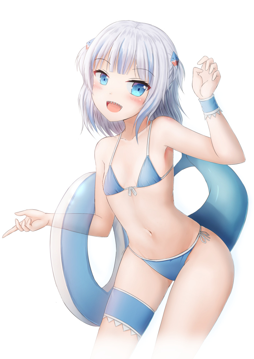 1girl :d arm_up bangs bare_arms bare_shoulders bikini blue_bikini blue_eyes blue_hair blush breasts collarbone commentary cropped_legs english_commentary eyebrows_visible_through_hair front-tie_bikini front-tie_top gawr_gura hair_ornament highres hololive hololive_english innertube multicolored_hair navel open_mouth prophosphere shark_tail sharp_teeth side-tie_bikini silver_hair simple_background small_breasts smile solo streaked_hair swimsuit tail teeth transparent two_side_up virtual_youtuber white_background