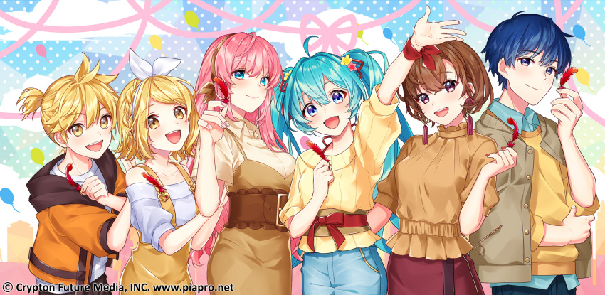 3boys 3girls :d ahoge alternate_costume antenna_hair aqua_eyes aqua_hair arm_up balloon belt blonde_hair blue_eyes blue_hair blue_legwear blue_shirt bow braid breasts brother_and_sister brown_eyes brown_hair brown_sweater collarbone collared_shirt copyright_name cowboy_shot crypton_future_media denim earrings eyebrows_visible_through_hair eyes_visible_through_hair feathers flower gari_(apollonica) hair_flower hair_ornament hair_ribbon hatsune_miku highres holding hood hoodie jeans jewelry kagamine_len kagamine_rin kaito large_breasts layered_clothing long_hair looking_at_viewer medium_breasts megurine_luka meiko multiple_boys multiple_girls nail_polish off_shoulder official_art one_side_up open_clothes open_hoodie open_mouth outstretched_arm overalls pants piapro pink_hair pink_nails polka_dot polka_dot_background red_skirt ribbon shirt short_hair short_sleeves siblings sidelocks skirt small_breasts smile sweater tied_hair twins twintails upper_teeth very_long_hair violet_eyes vocaloid white_shirt wrist_wrap yellow_eyes yellow_shirt yellow_sweater