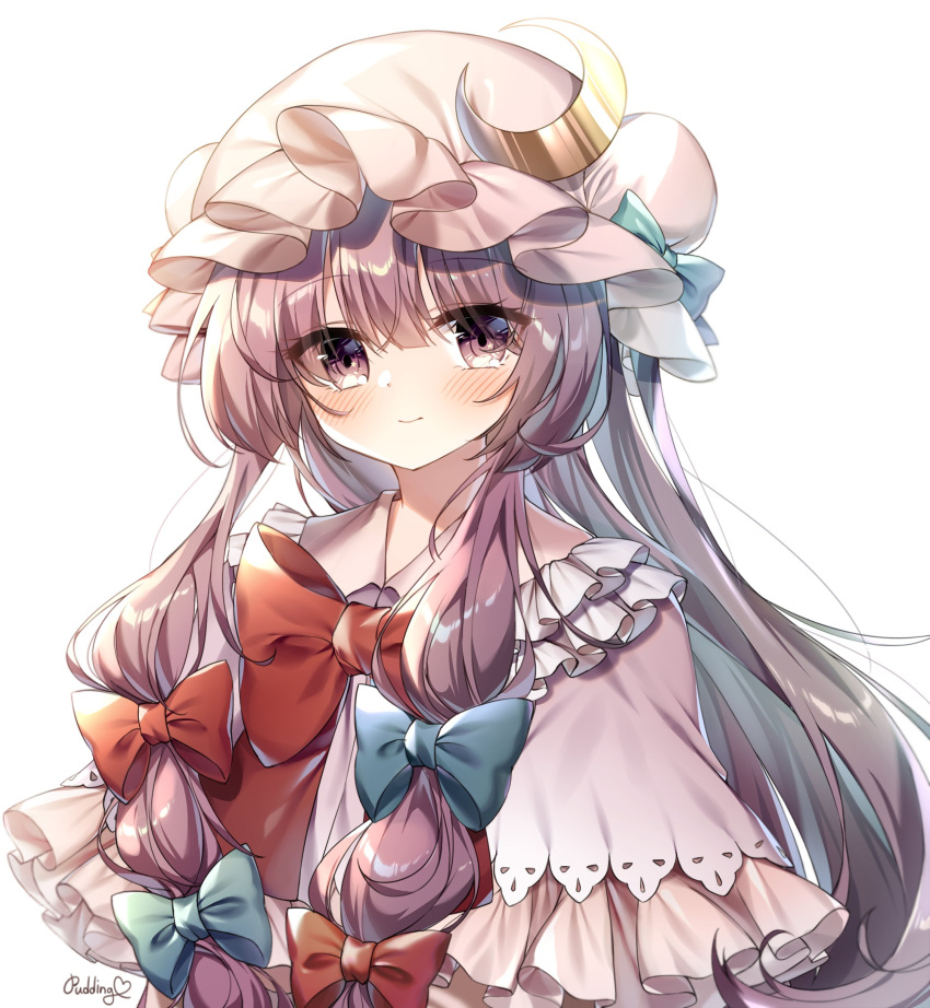 1girl absurdres artist_name blue_bow blush bow bowtie capelet crescent crescent_moon_pin eyebrows_visible_through_hair hair_bow hat hat_bow heart highres long_hair looking_at_viewer mob_cap patchouli_knowledge pudding_(skymint_028) purple_hair red_bow red_neckwear signature simple_background smile solo symbol_commentary touhou upper_body very_long_hair violet_eyes watermark white_background