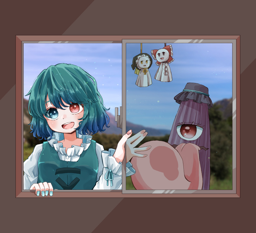 1girl absurdres against_glass bangs black_headwear blue_eyes blue_hair blue_nails blue_ribbon blue_vest blurry blurry_background blush bow brown_eyes clouds collar commentary_request fingernails frilled_bow frilled_collar frilled_hat frilled_sleeves frills glass gohei hair_between_eyes hakurei_reimu hand_on_window happy hat heart heart_in_eye heterochromia highres juliet_sleeves karakasa_obake kirisame_marisa long_sleeves looking_at_viewer mismatched_nail_polish mountain nail_polish open_mouth open_window opening_window pink_nails puffy_sleeves red_bow red_eyes ribbon salt_(seasoning) shirt short_hair sky sleeve_ribbon solo standing string symbol_in_eye tatara_kogasa teruterubouzu tongue touhou tree umbrella upper_body upper_teeth vest white_shirt window witch_hat yellow_eyes yellow_ribbon