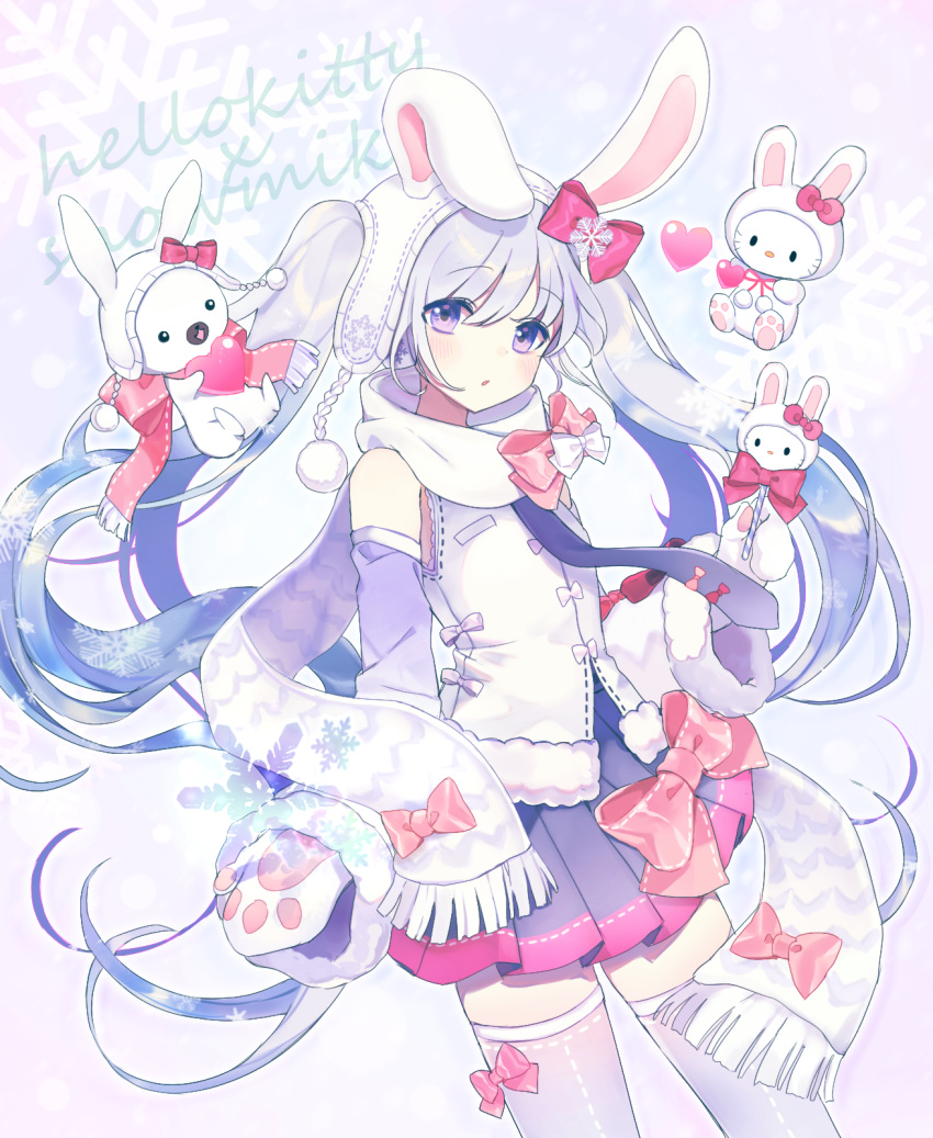 1girl animal animal_ears blue_hair blush bow bowtie cat crossover detached_sleeves fake_animal_ears gloves hair_between_eyes hair_bow hatsune_miku heart hello_kitty hello_kitty_(character) highres long_hair long_image looking_at_viewer miniskirt multicolored_hair ninnin_(choky13) open_mouth paw_gloves paws pleated_skirt purple_background rabbit rabbit_ears rabbit_yukine scarf skirt snowflakes standing tall_image thigh-highs twintails very_long_hair violet_eyes vocaloid yuki_miku