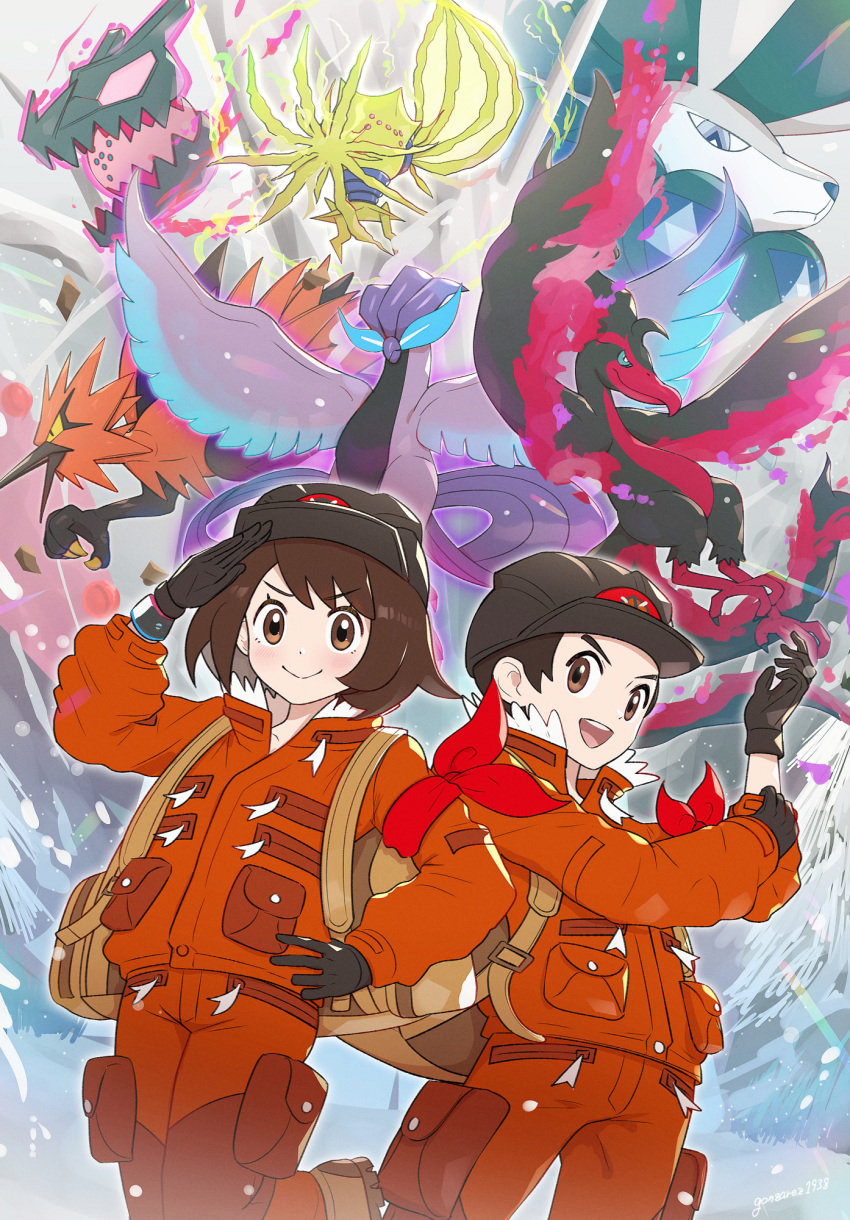 1boy 1girl arm_ribbon backpack bag bangs black_gloves black_headwear blush bob_cut brown_eyes brown_hair calyrex closed_mouth commentary_request dynamax_band expedition_uniform eyebrows_visible_through_hair galarian_articuno galarian_form galarian_moltres galarian_zapdos gen_8_pokemon gloria_(pokemon) gloves gonzarez hand_on_hip helmet highres jacket leg_up legendary_pokemon looking_at_viewer orange_jacket orange_pants pokemon pokemon_(creature) pokemon_(game) pokemon_swsh red_ribbon regidrago regieleki ribbon short_hair smile victor_(pokemon)