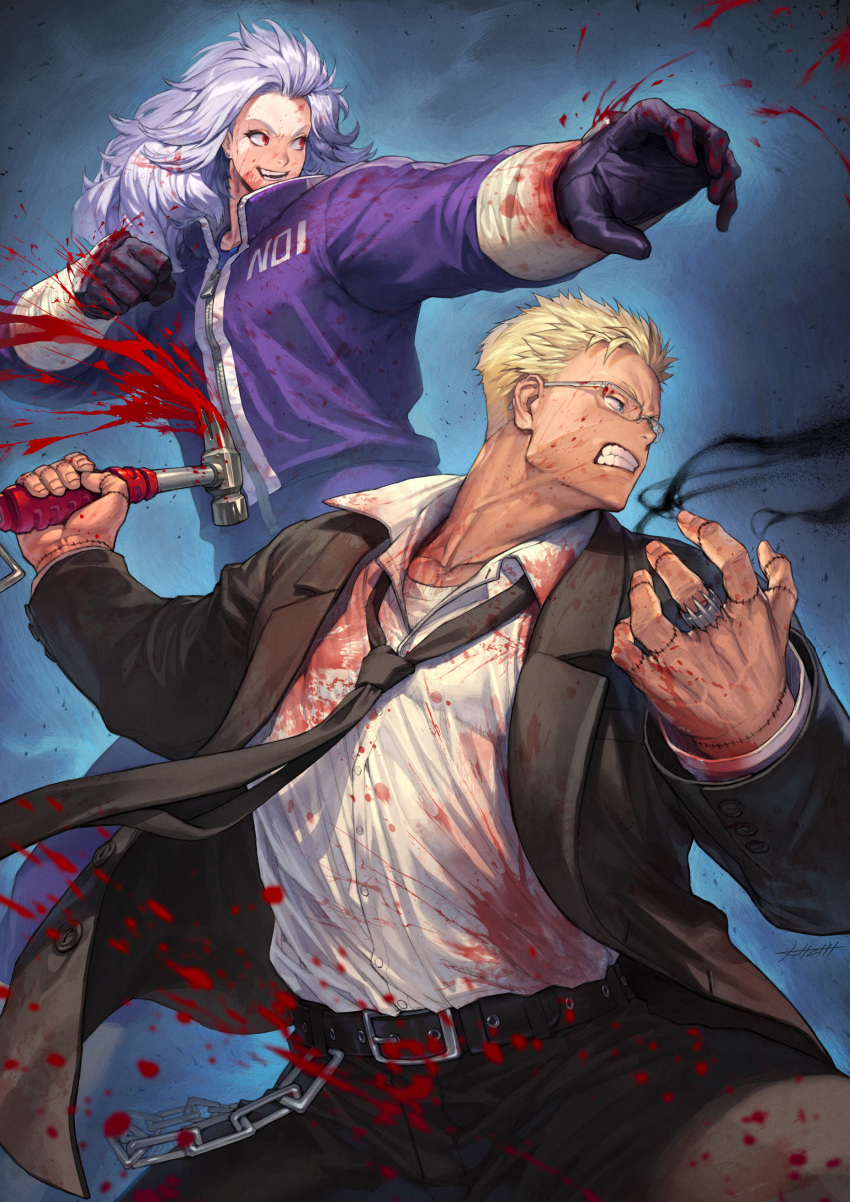 1boy 1girl absurdres belt black_belt black_eyes black_gloves black_jacket black_neckwear black_pants black_suit blonde_hair blood blood_splatter bloody_clothes bloody_weapon blue_background blue_eyes clenched_hand clenched_teeth cowboy_shot dorohedoro dress_shirt ear_piercing fighting_stance formal glasses gloves hammer hand_up hichi highres holding holding_hammer jacket korean_commentary long_hair long_sleeves looking_away magic necktie noi_(dorohedoro) open_hand pants piercing purple_jacket red_eyes shin_(dorohedoro) shirt short_hair smile stitches suit teeth track_suit v-shaped_eyebrows weapon white_hair white_shirt wrist_wrap